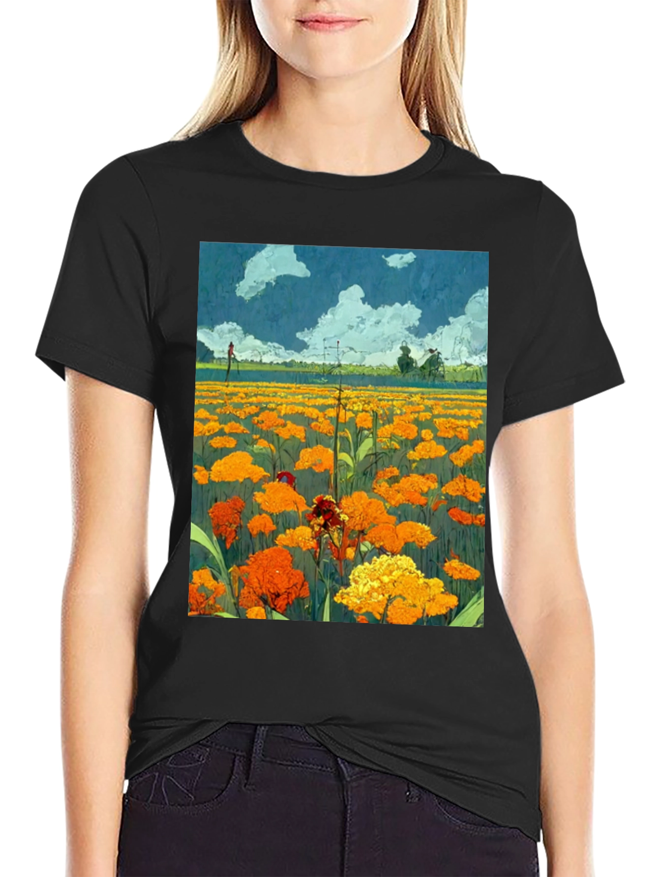 Floral Field Print Black T-Shirt