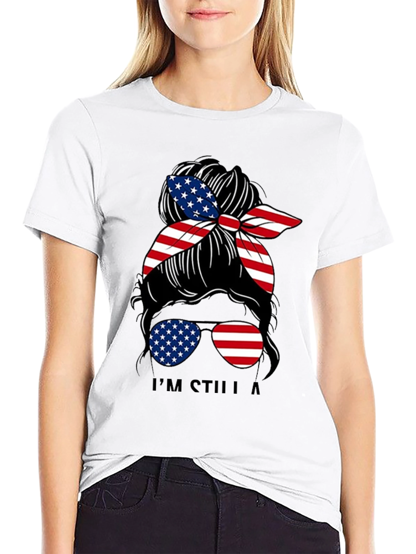 Patriotic Messy Bun T-Shirt - American Flag