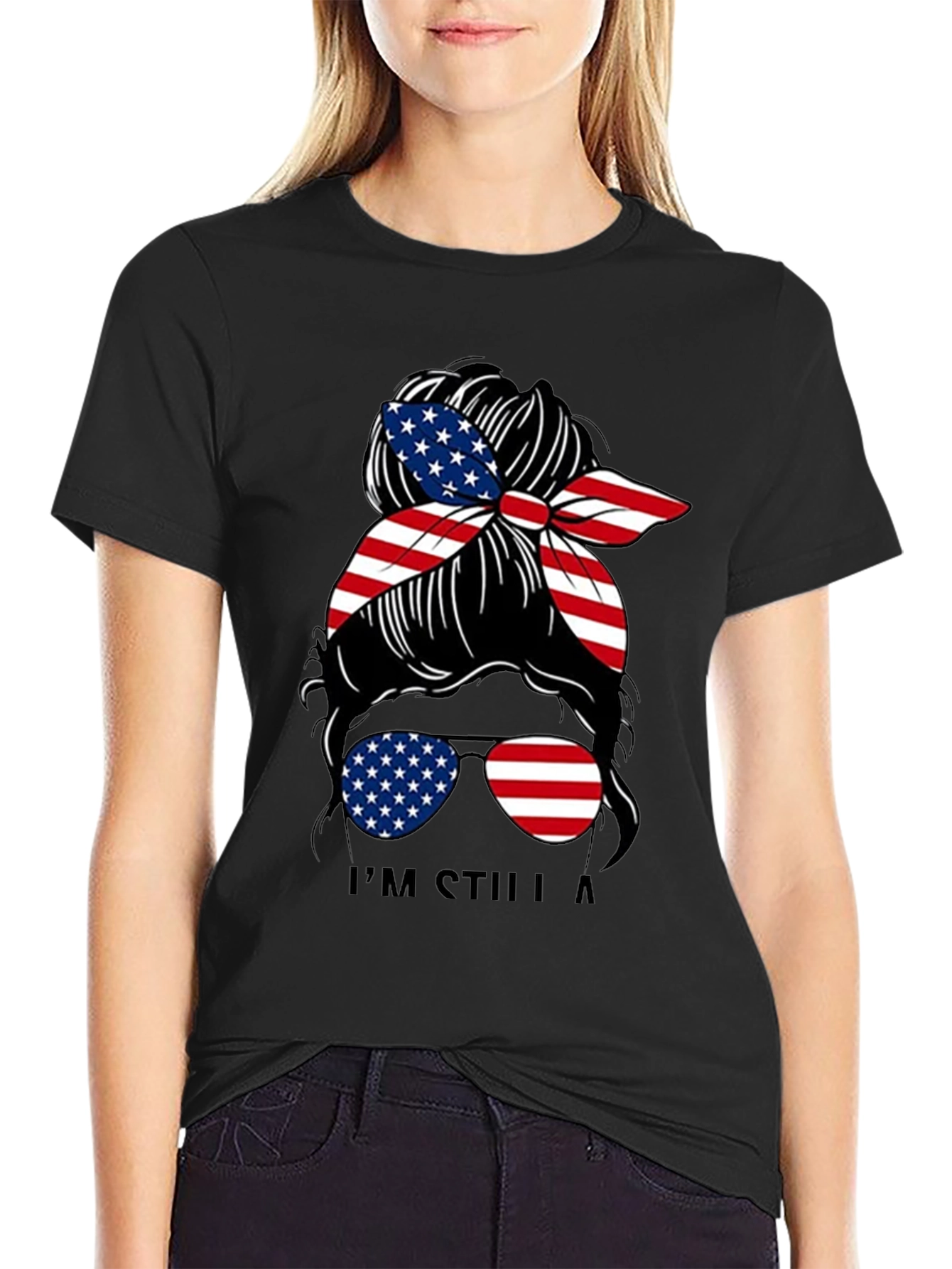 Patriotic Messy Bun T-Shirt - American Flag