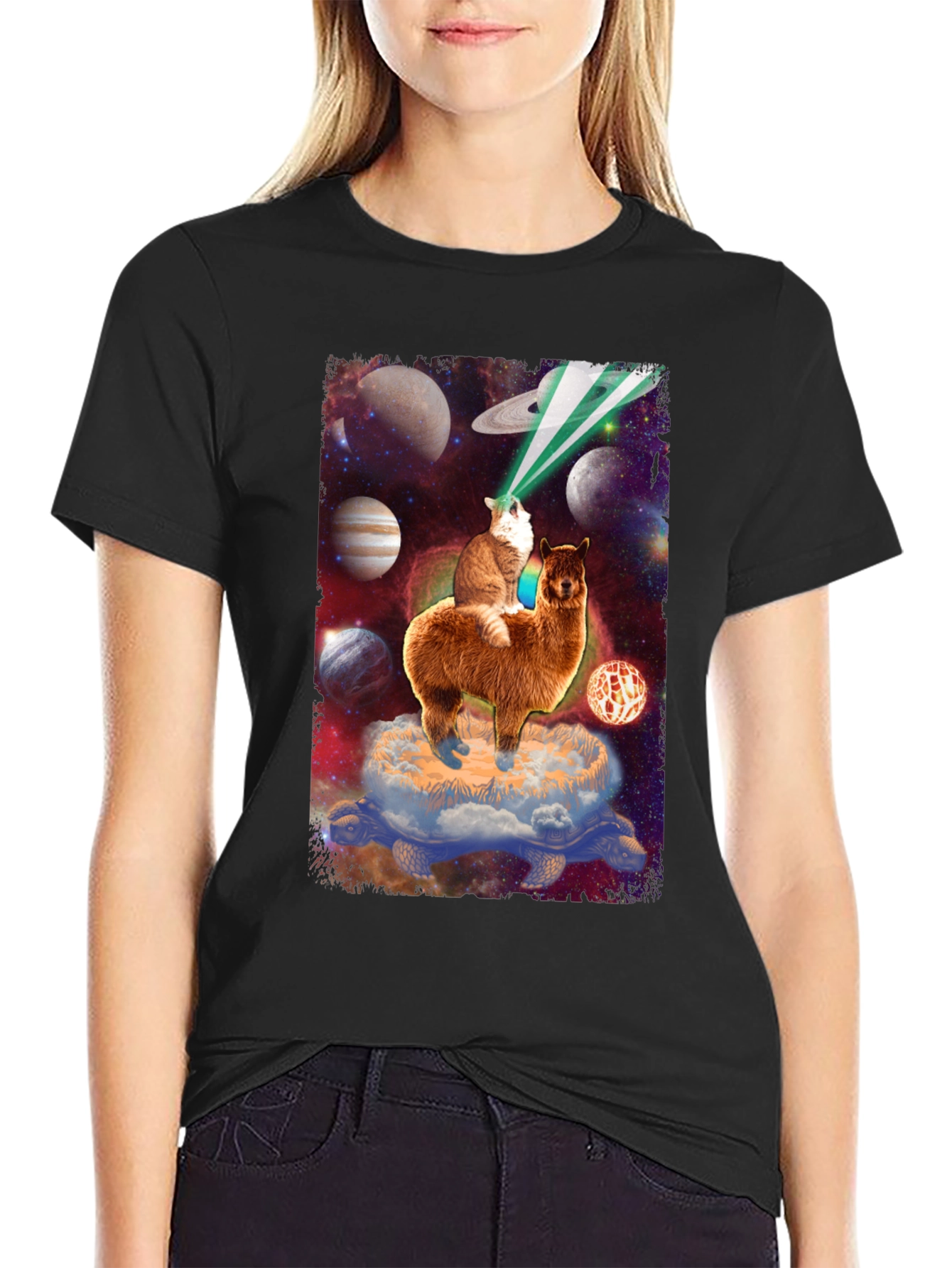Cosmic Cat Riding Llama T-Shirt