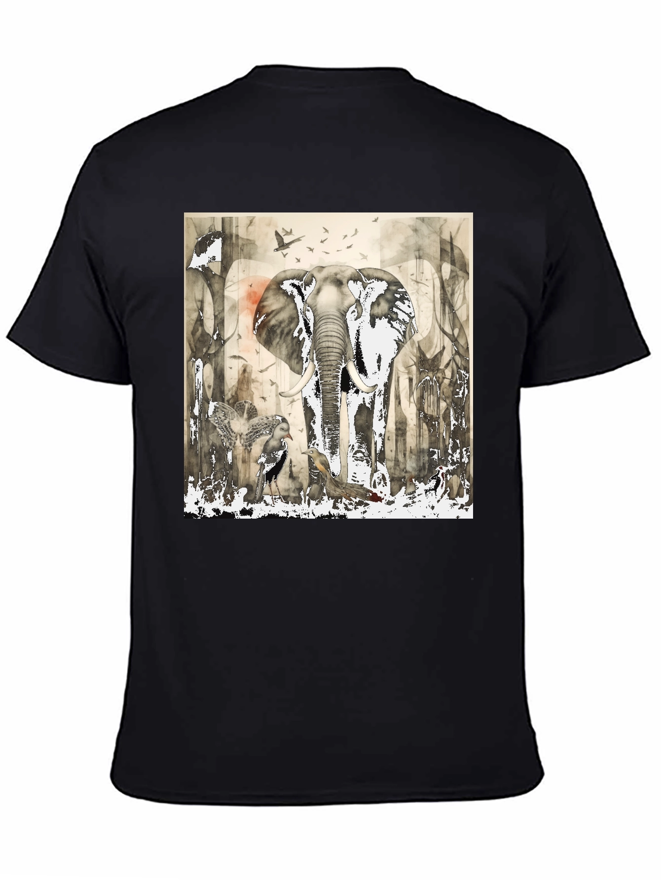 Elephant & Bird Art Graphic Print T-Shirt