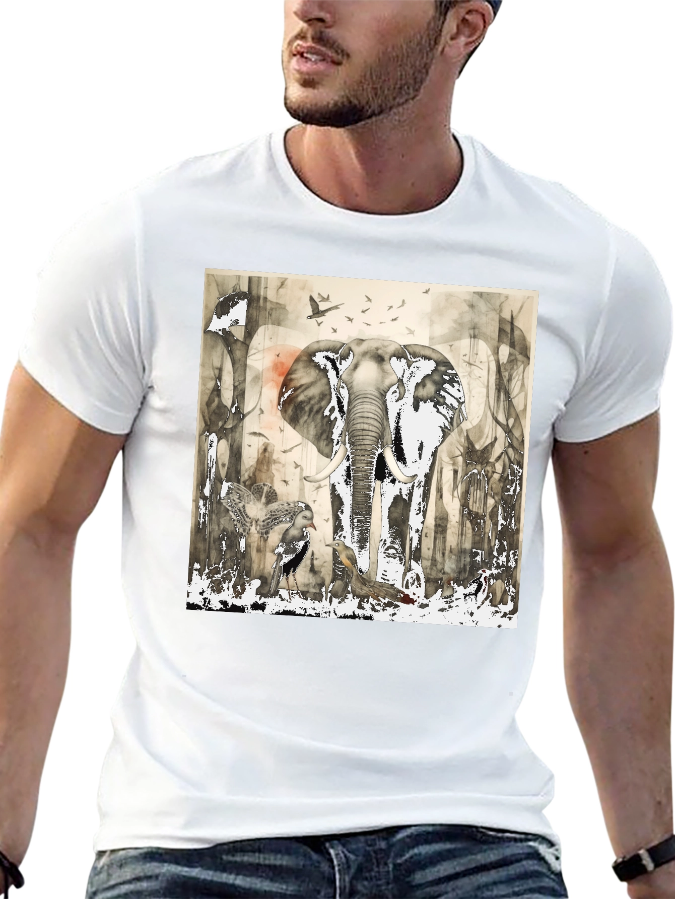 Elephant & Bird Art Graphic Print T-Shirt