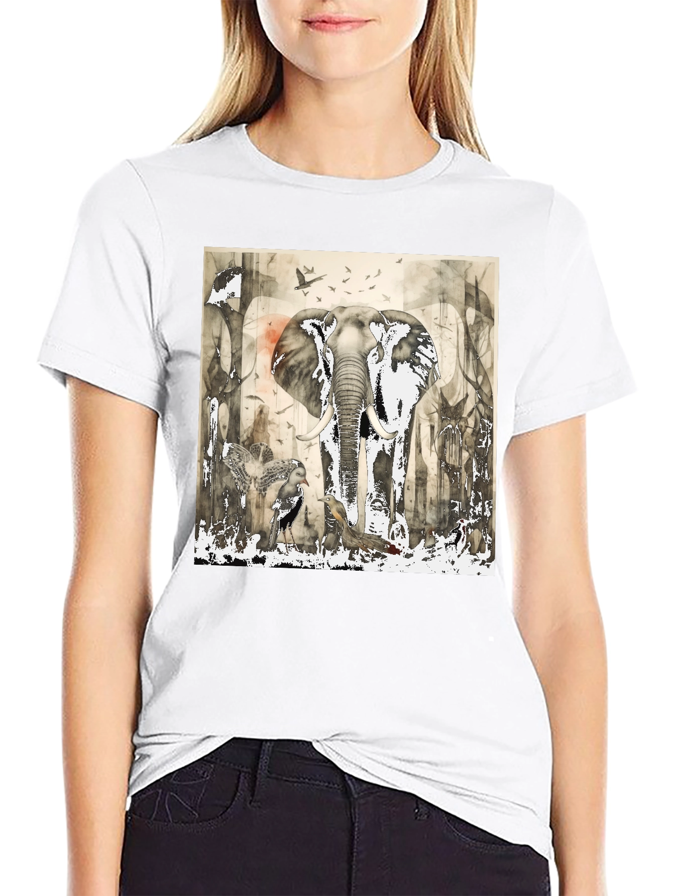 Elephant & Bird Art Graphic Print T-Shirt