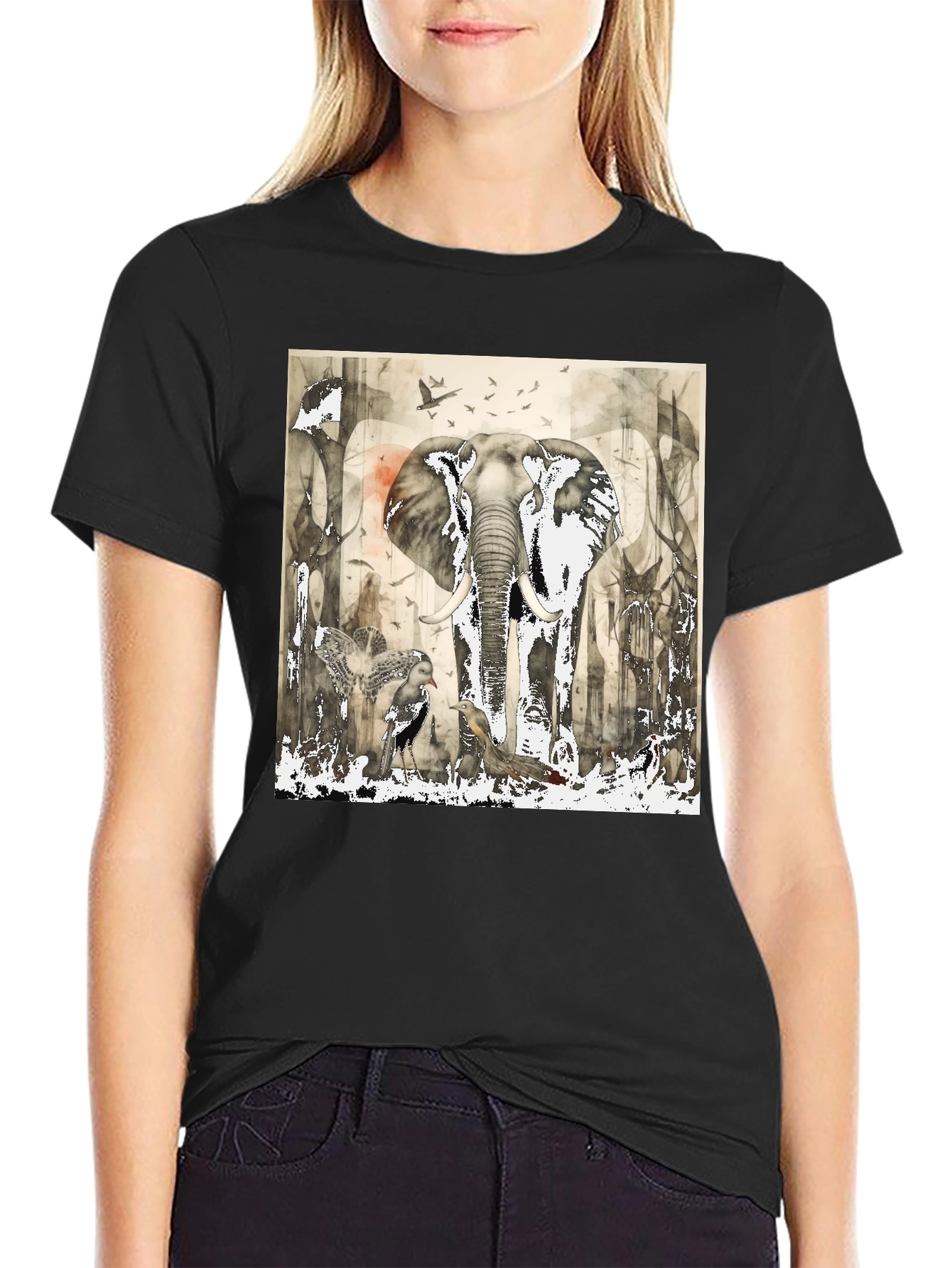 Elephant & Bird Art Graphic Print T-Shirt