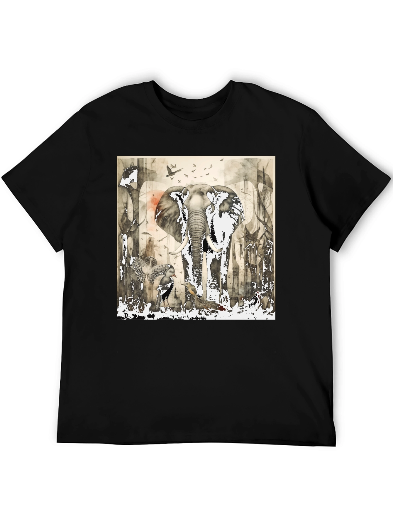 Elephant & Bird Art Graphic Print T-Shirt