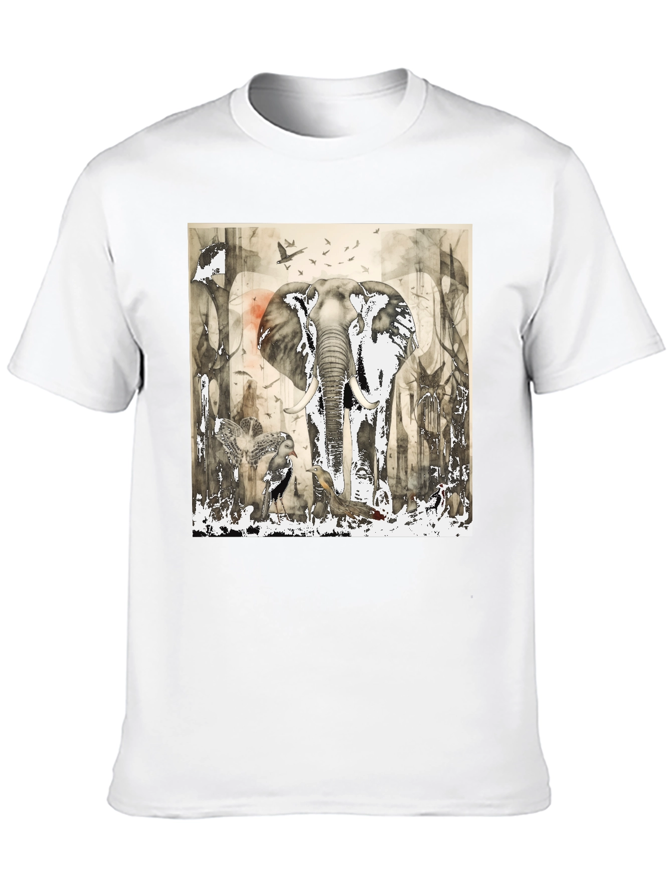 Elephant & Bird Art Graphic Print T-Shirt