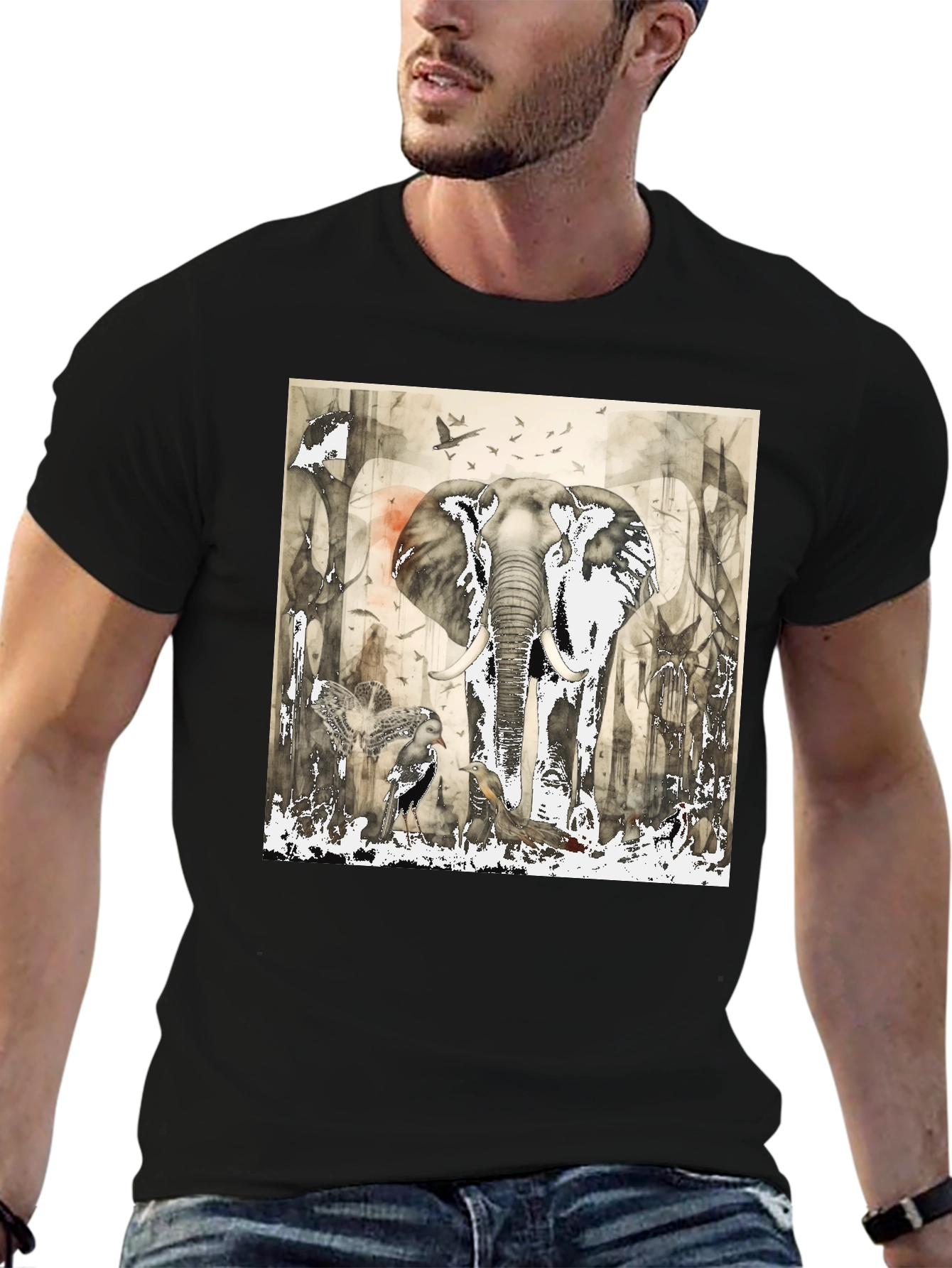 Elephant & Bird Art Graphic Print T-Shirt