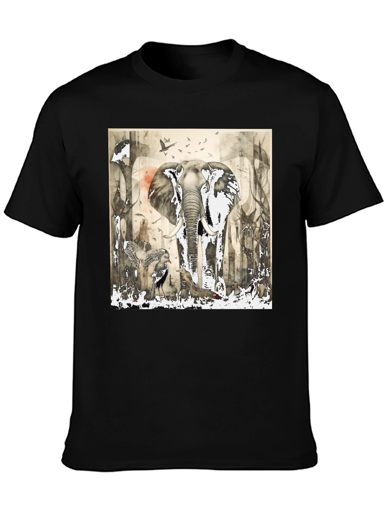 Elephant & Bird Art Graphic Print T-Shirt