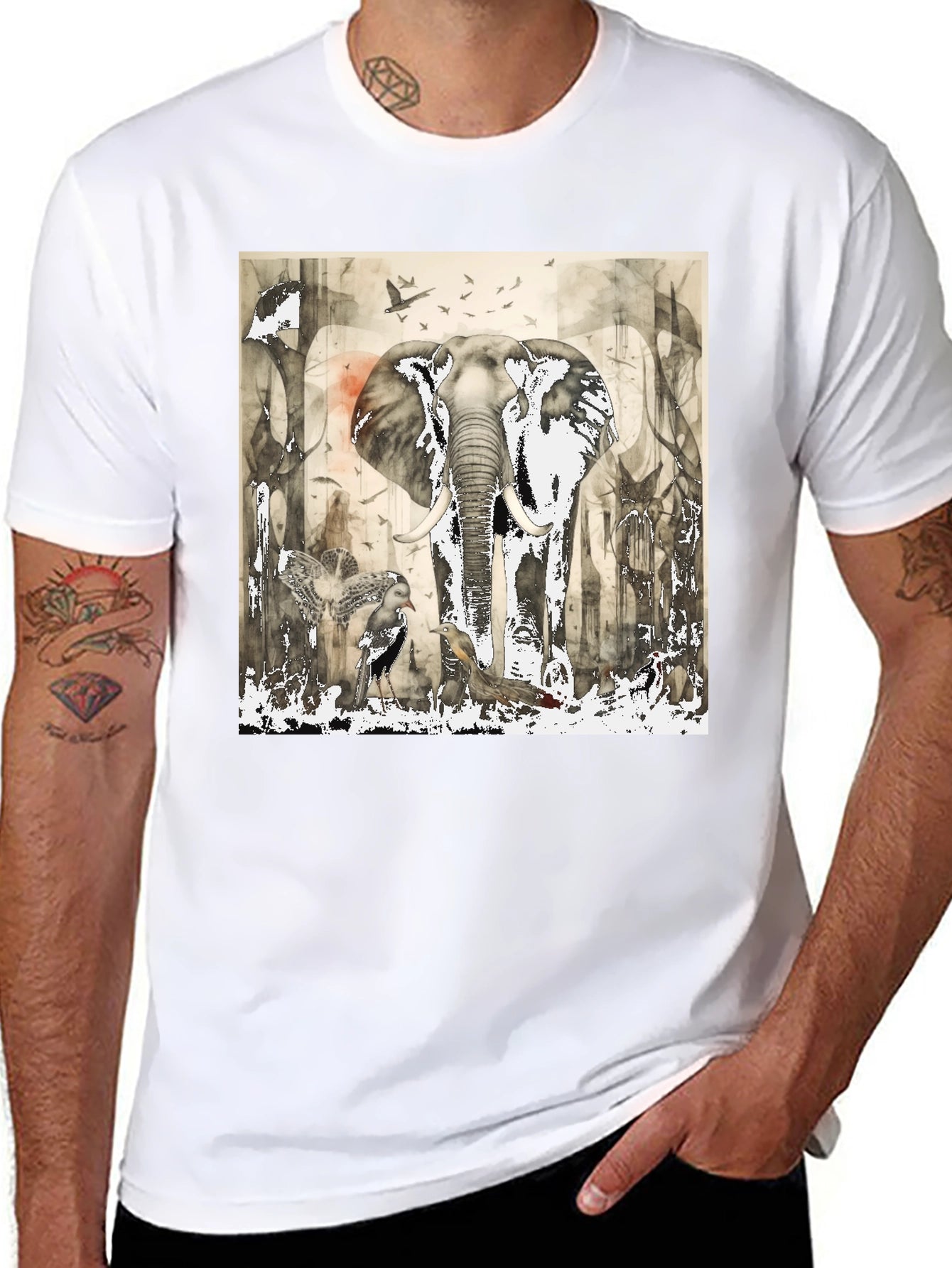 Elephant & Bird Art Graphic Print T-Shirt
