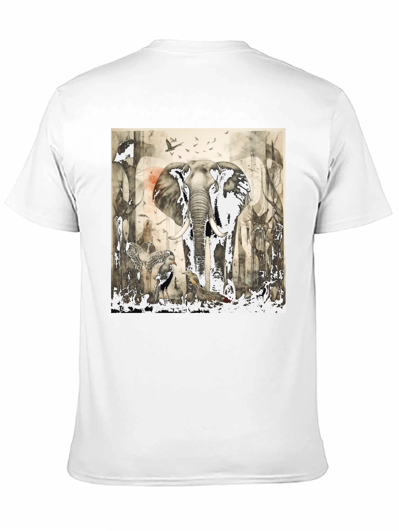 Elephant & Bird Art Graphic Print T-Shirt