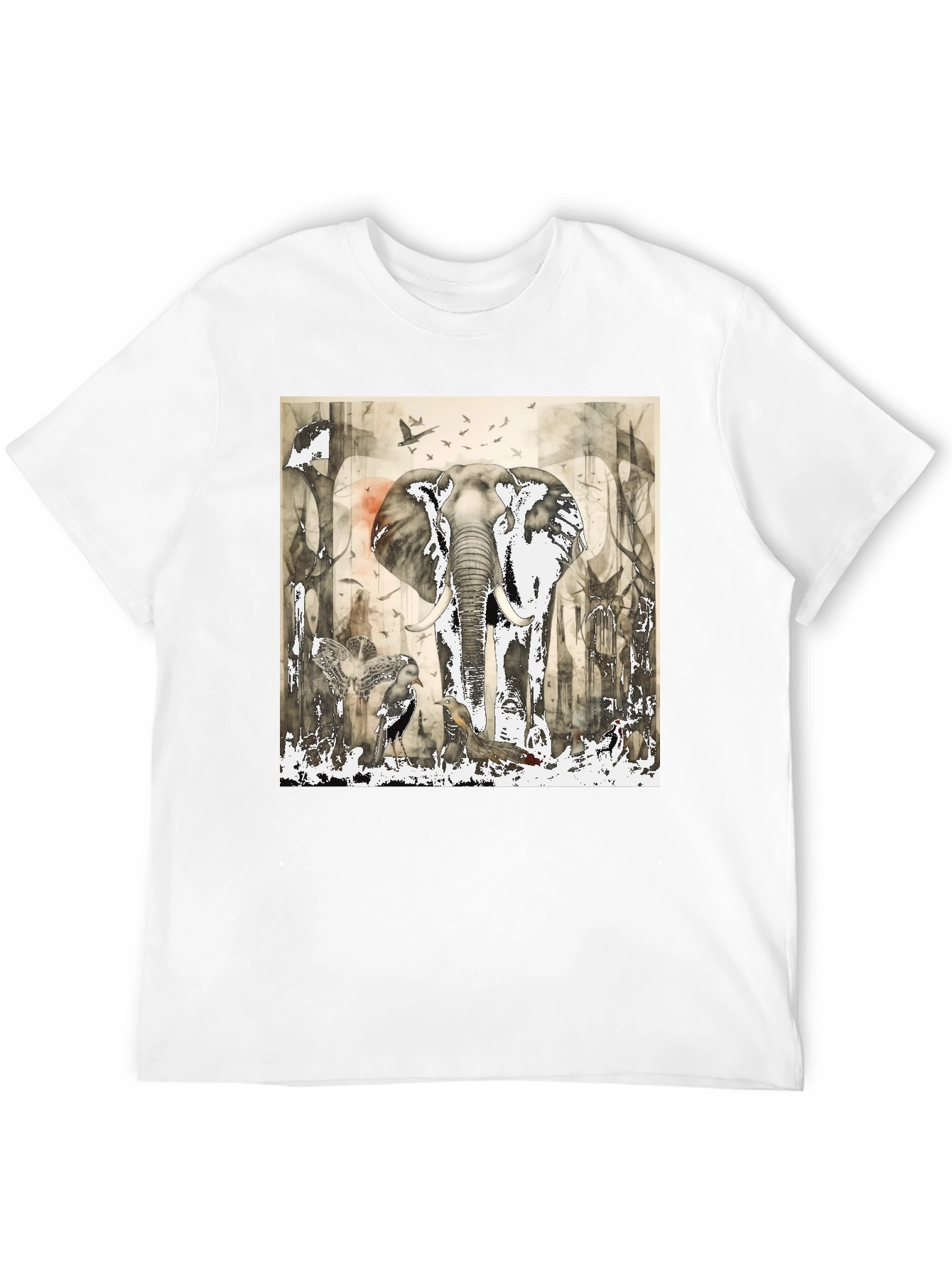 Elephant & Bird Art Graphic Print T-Shirt