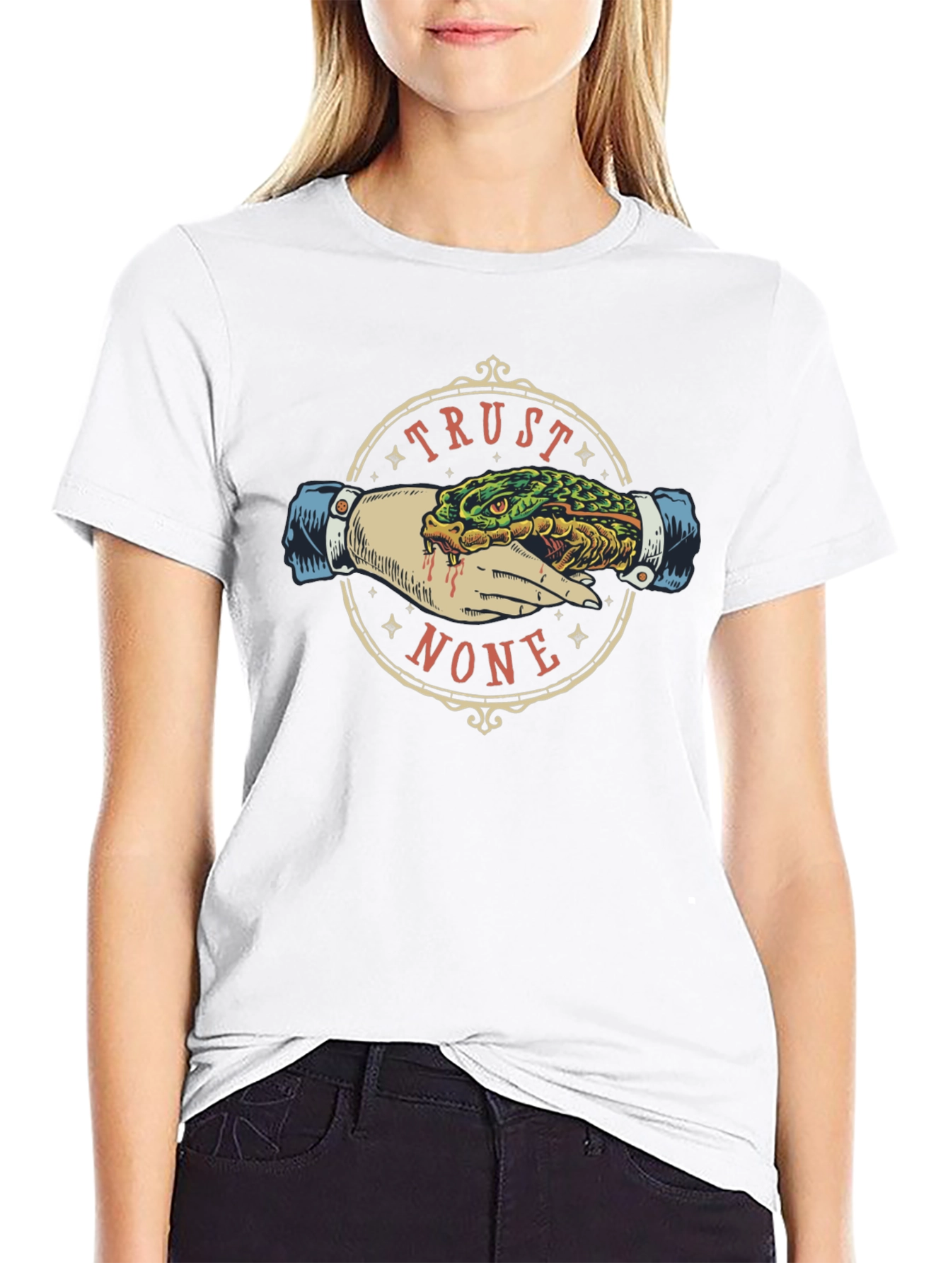 Trust None Graphic Tee - Snake Handshake Design