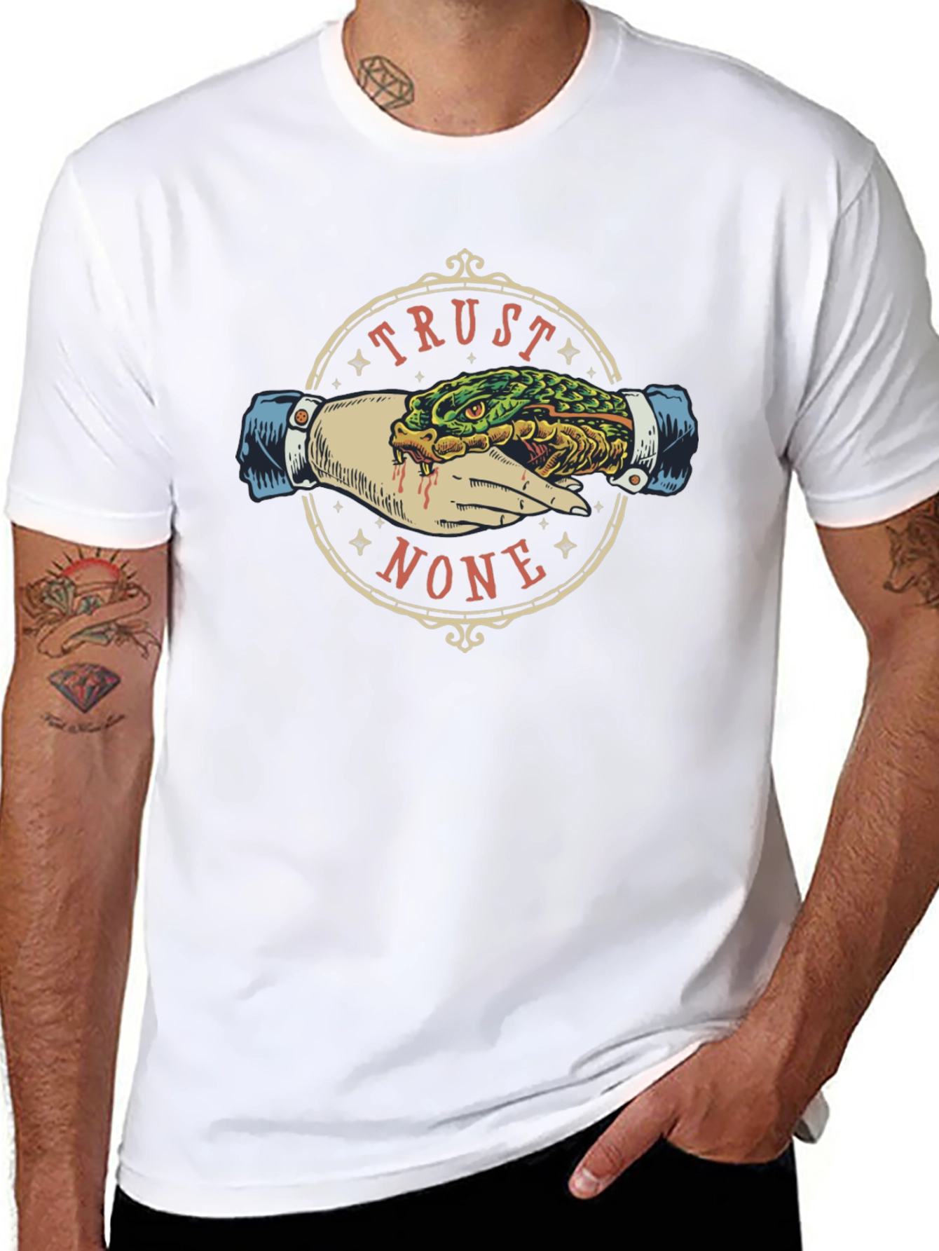 Trust None Graphic Tee - Snake Handshake Design