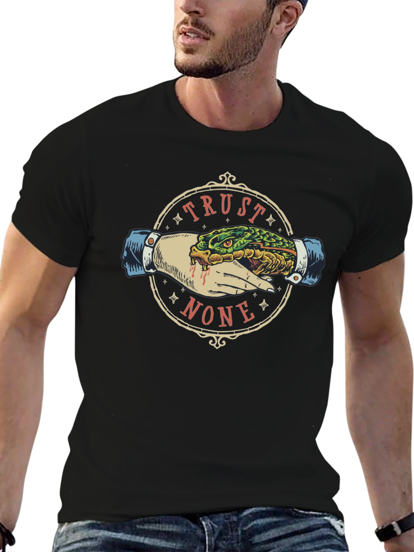 Trust None Graphic Tee - Snake Handshake Design