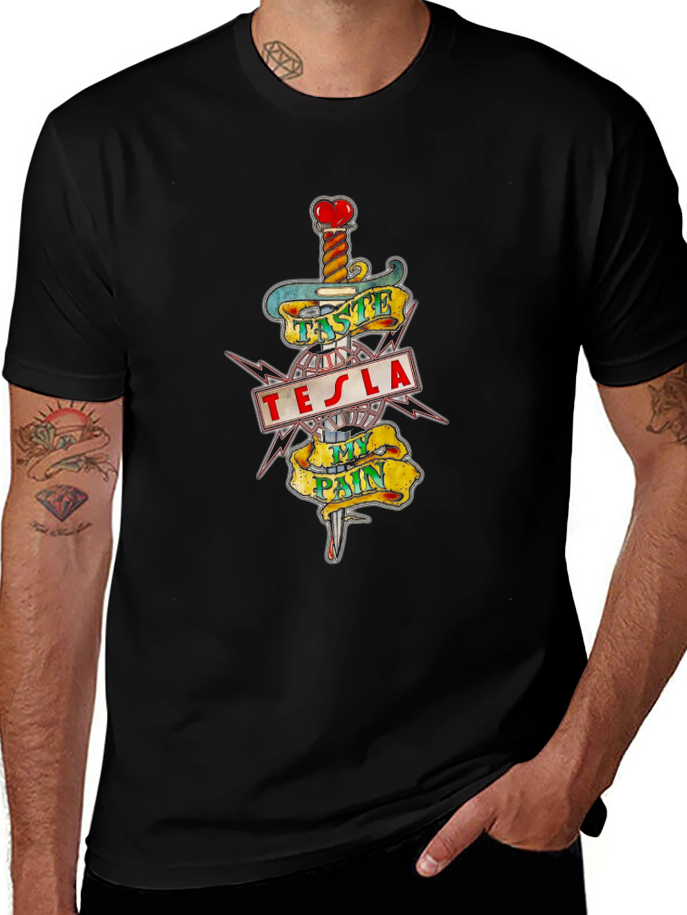 Tesla Taste My Pain Graphic Print Black T-Shirt