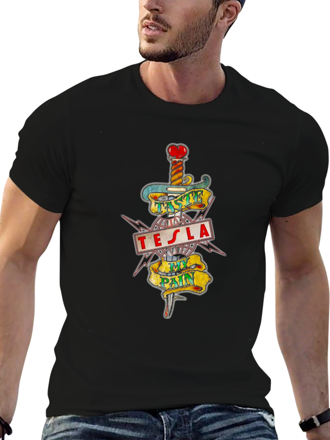 Tesla Taste My Pain Graphic Print Black T-Shirt