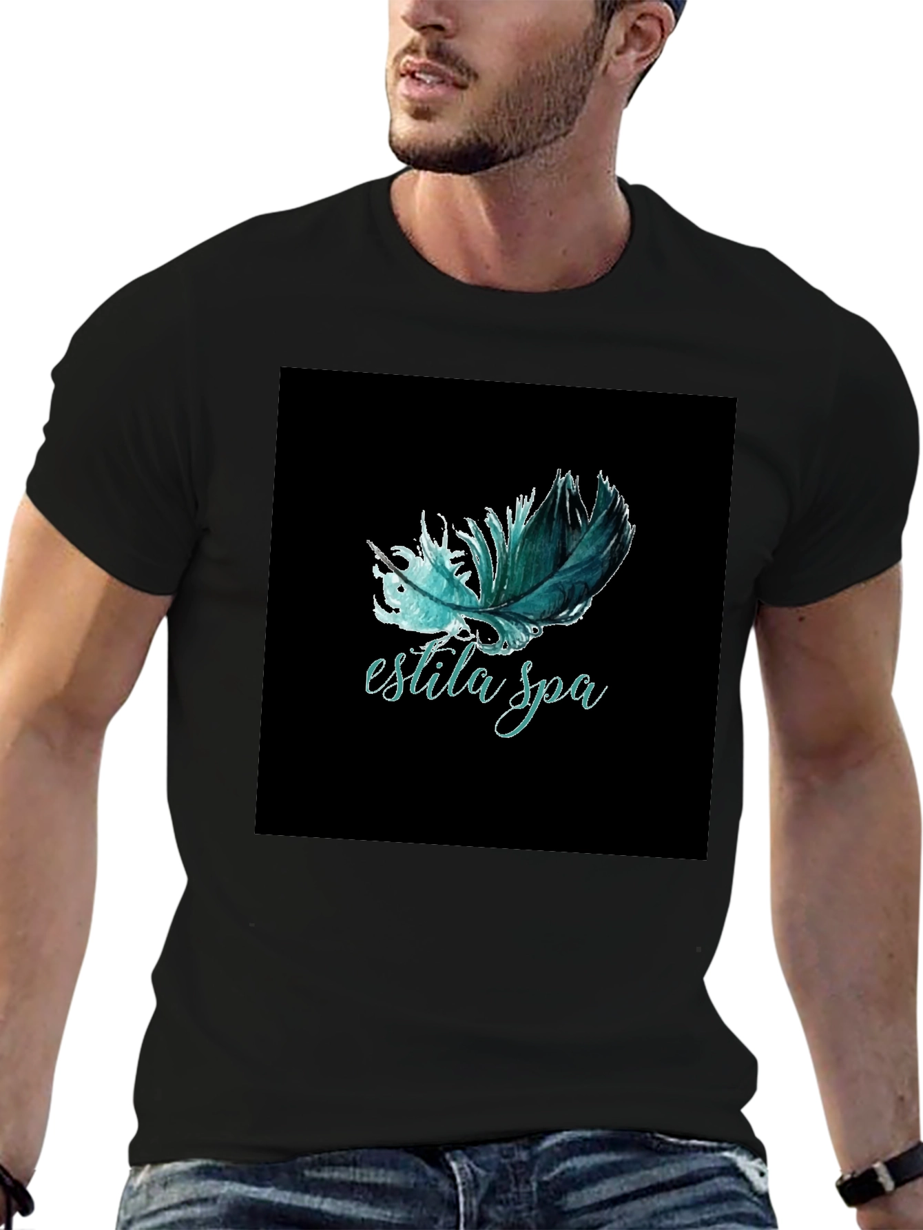Estila Spa Feather Graphic Tee - Unisex Black T-Shirt