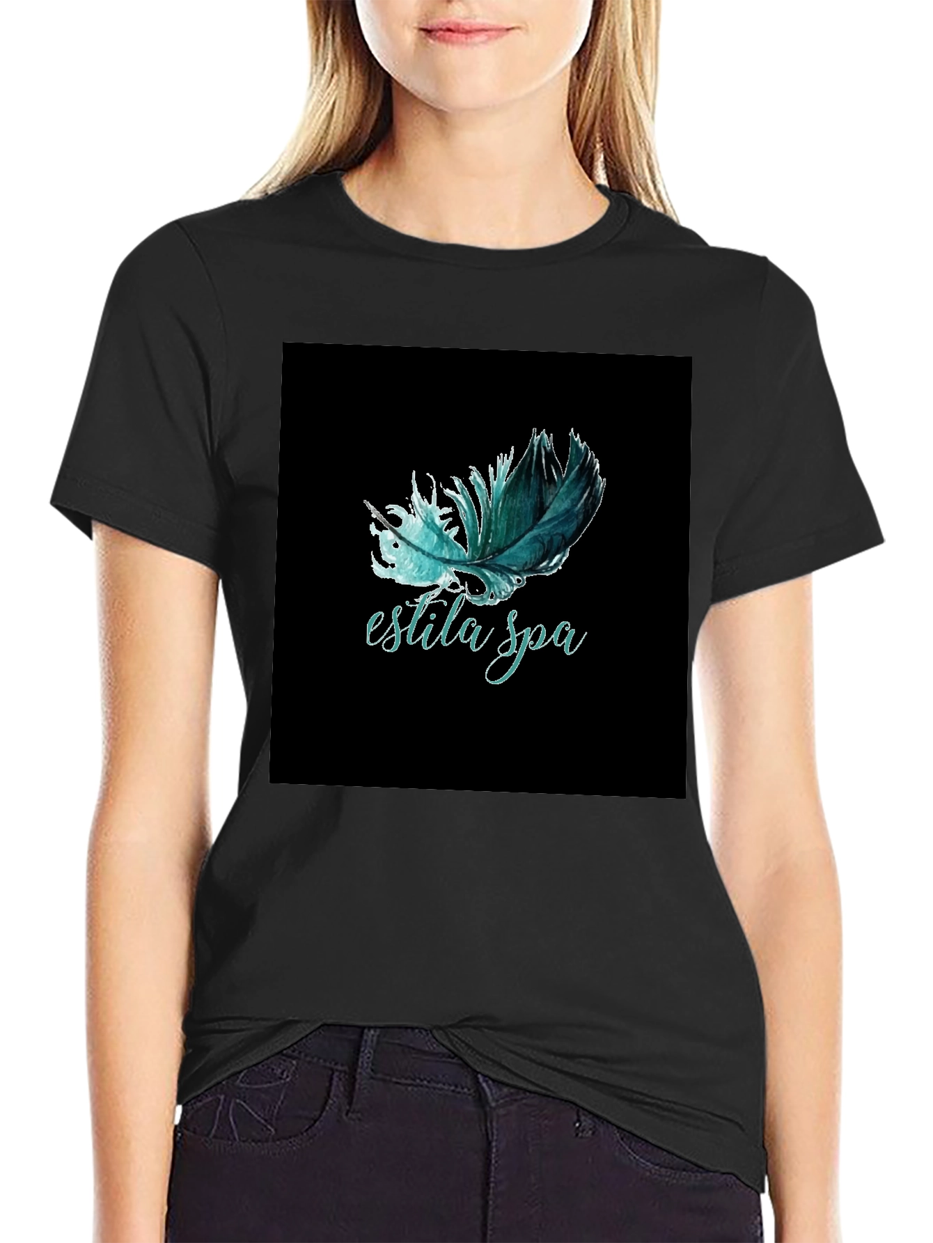 Estila Spa Feather Graphic Tee - Unisex Black T-Shirt
