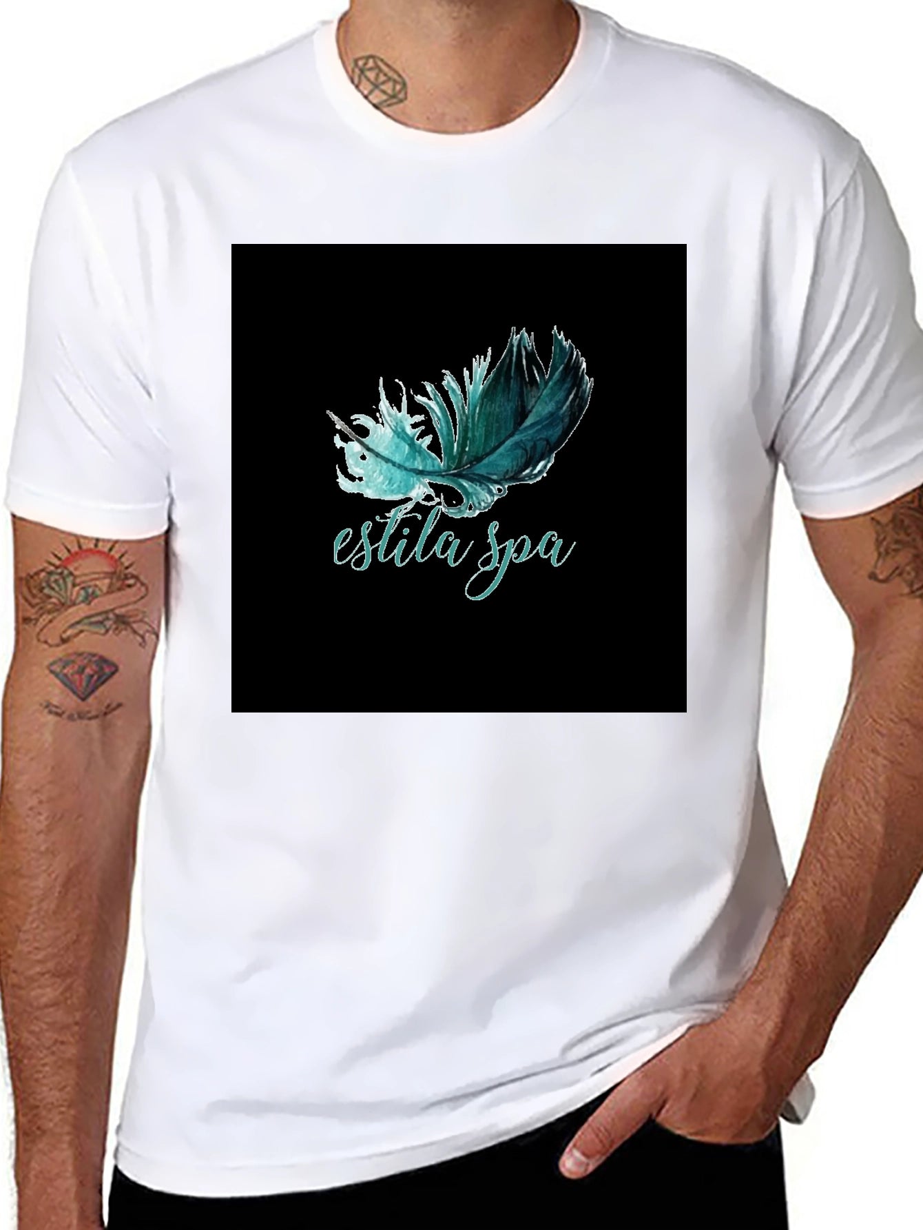 Estila Spa Feather Graphic Tee - Unisex Black T-Shirt