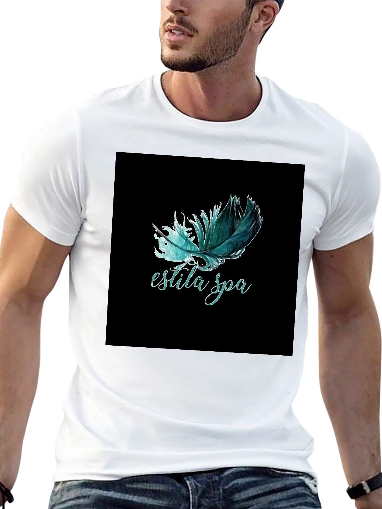 Estila Spa Feather Graphic Tee - Unisex Black T-Shirt