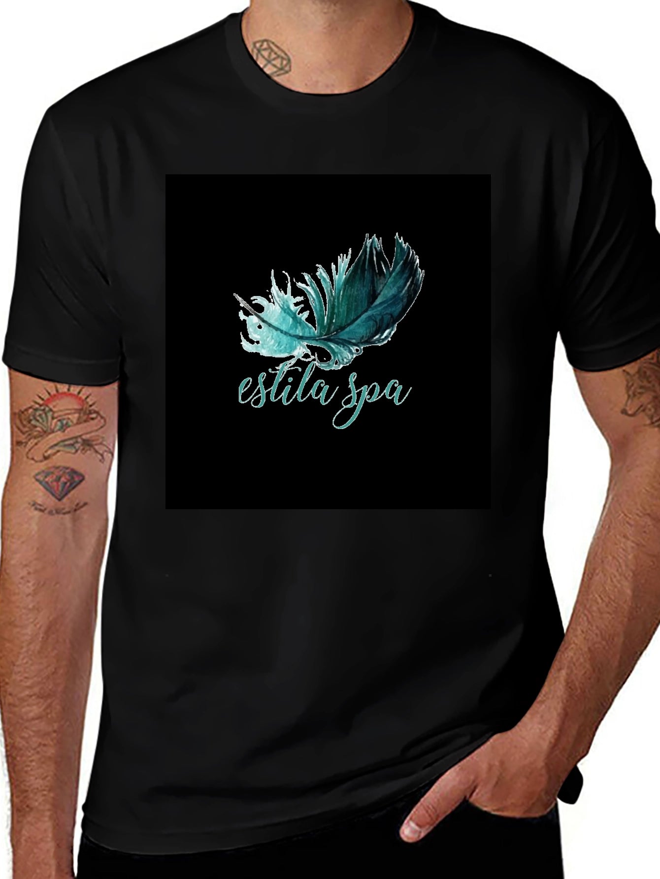 Estila Spa Feather Graphic Tee - Unisex Black T-Shirt