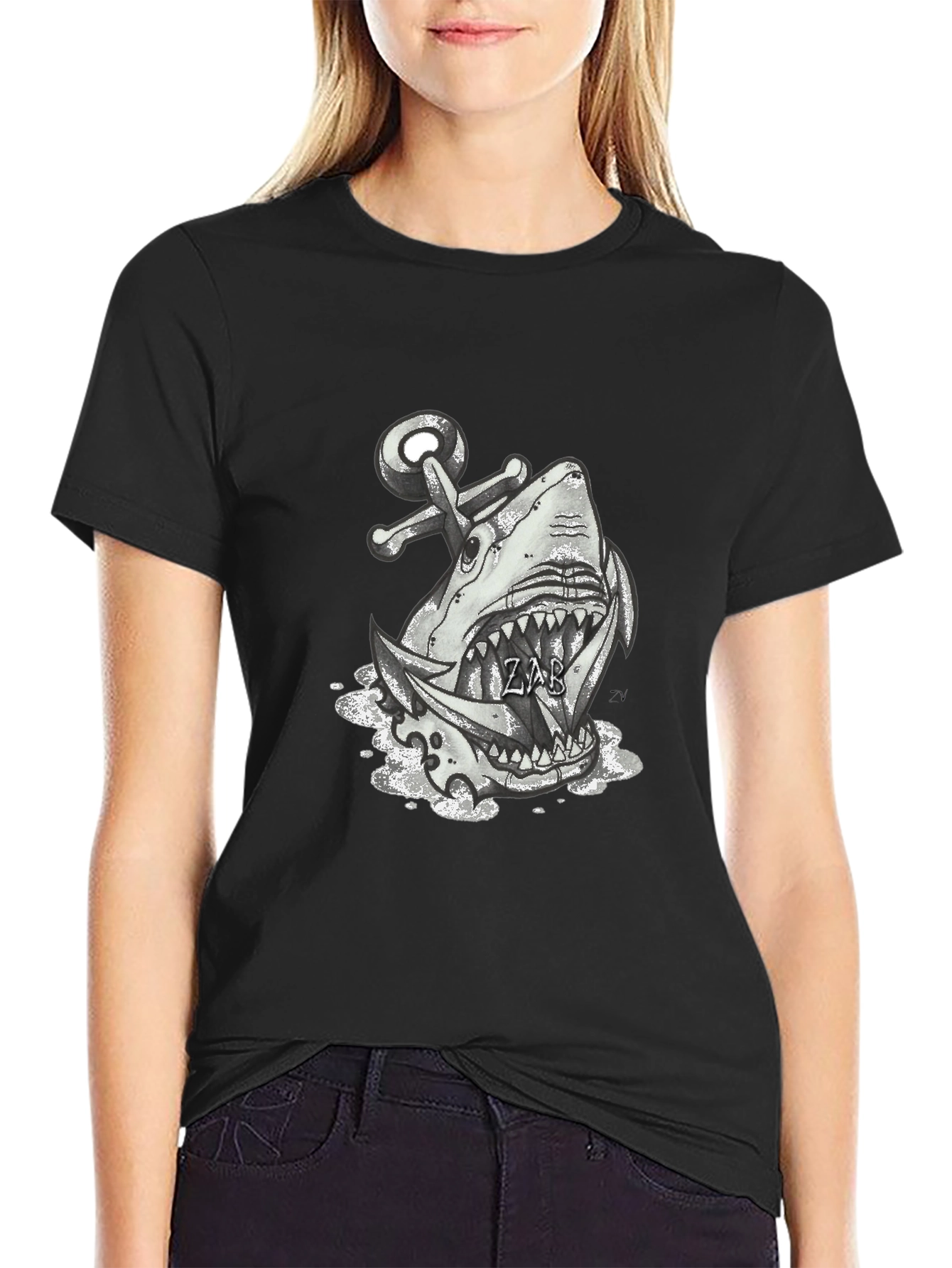 Shark Anchor Graphic Tee - Black Cotton T-Shirt