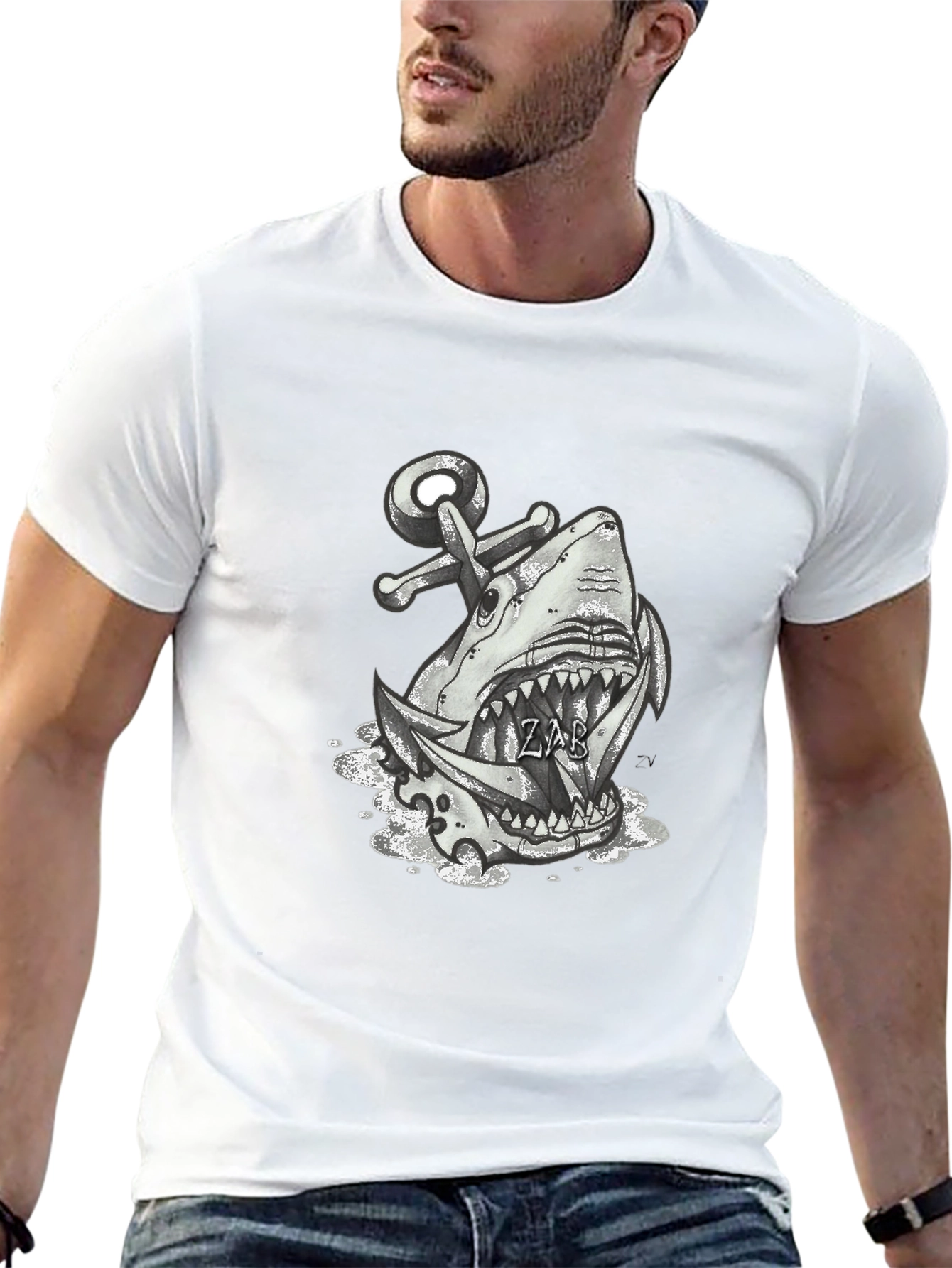 Shark Anchor Graphic Tee - Black Cotton T-Shirt