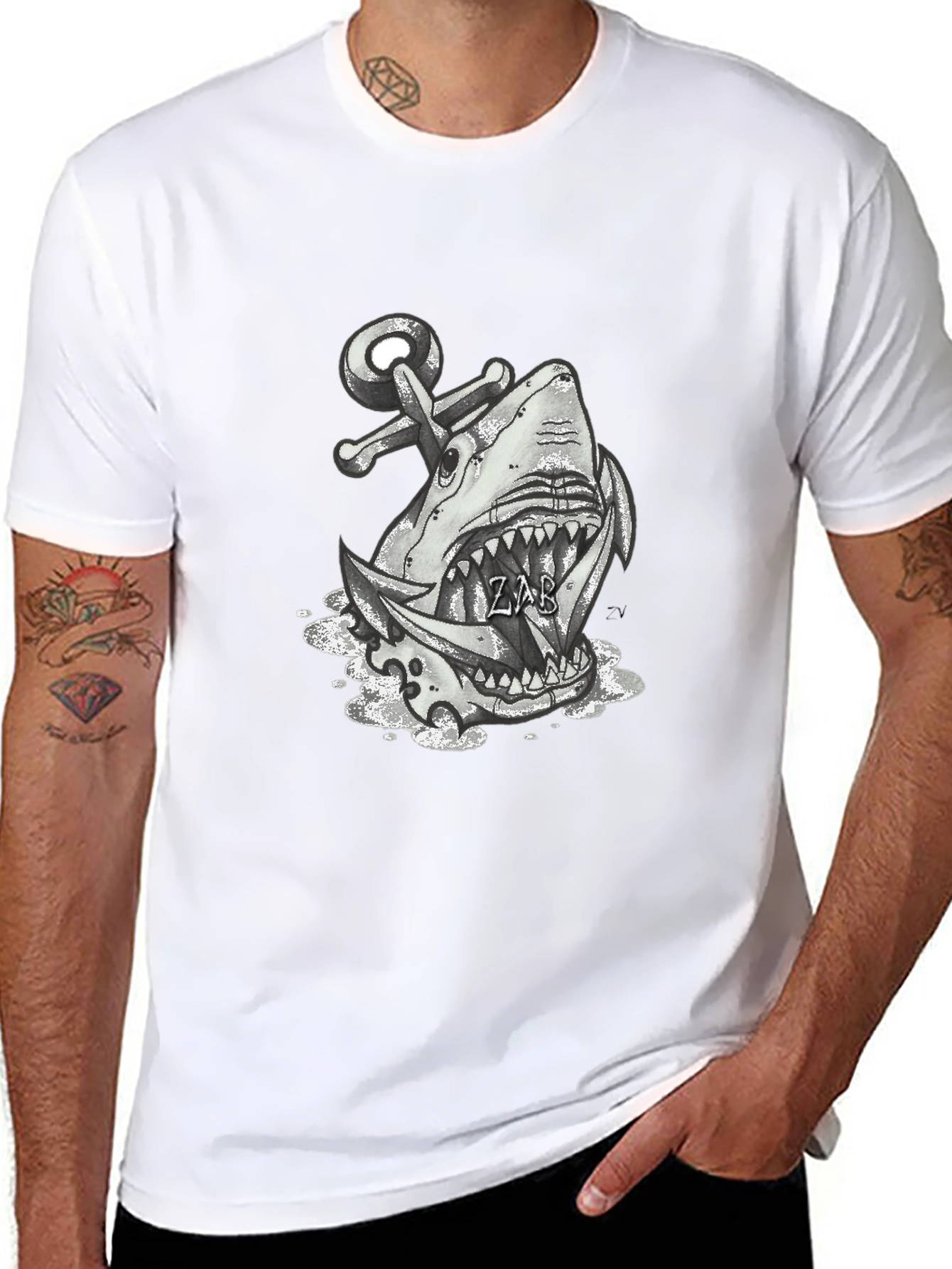 Shark Anchor Graphic Tee - Black Cotton T-Shirt