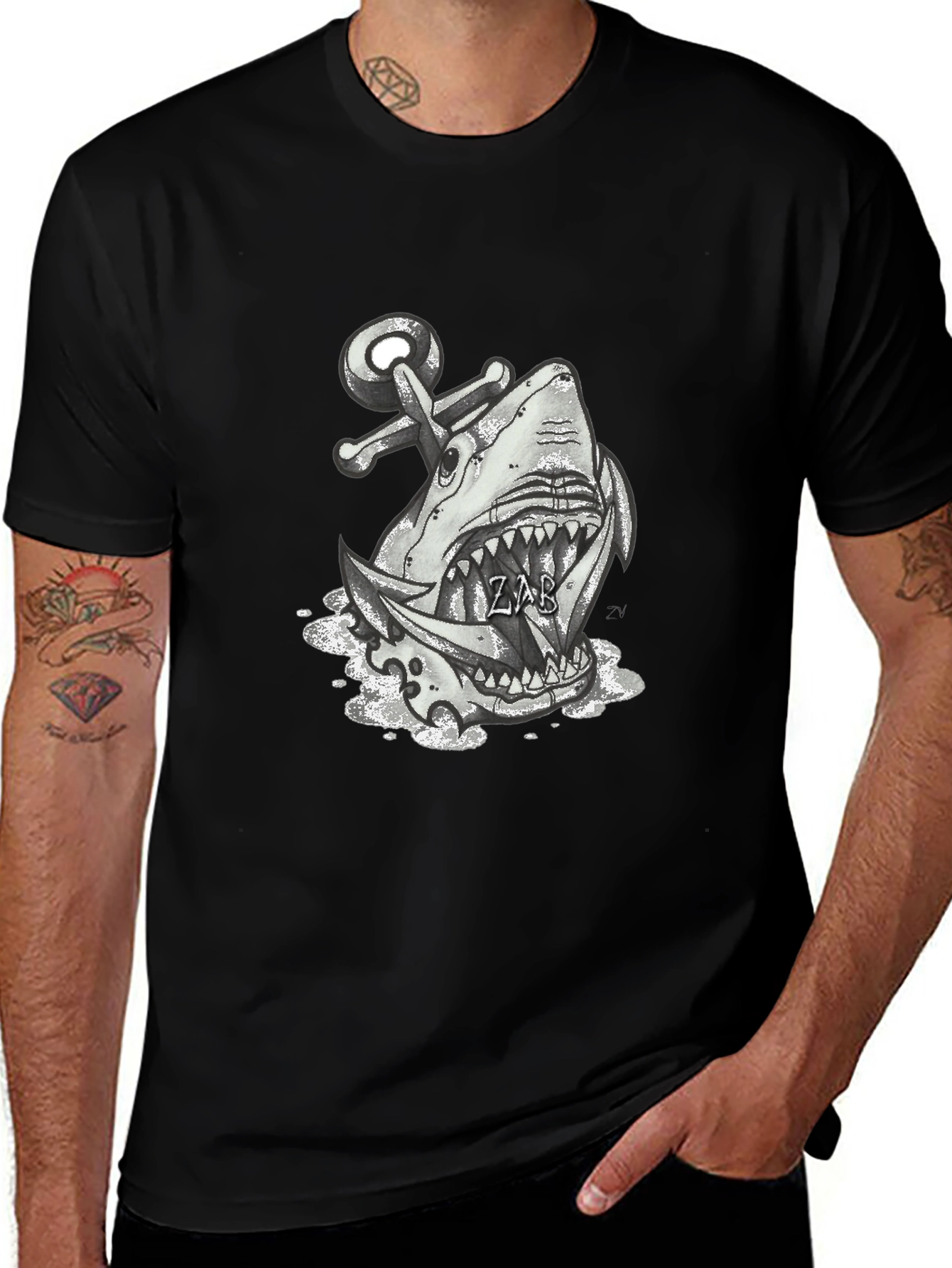 Shark Anchor Graphic Tee - Black Cotton T-Shirt