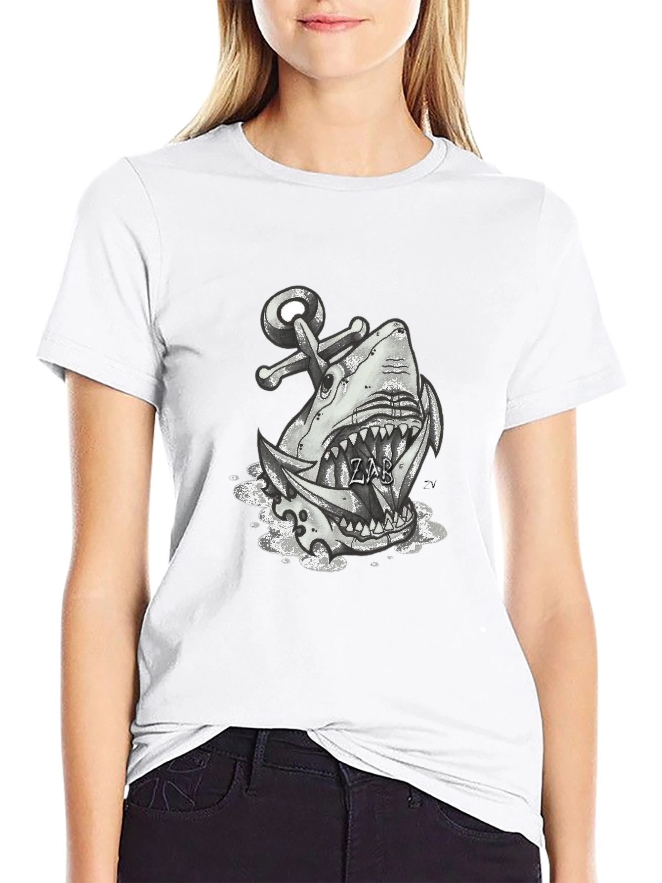 Shark Anchor Graphic Tee - Black Cotton T-Shirt