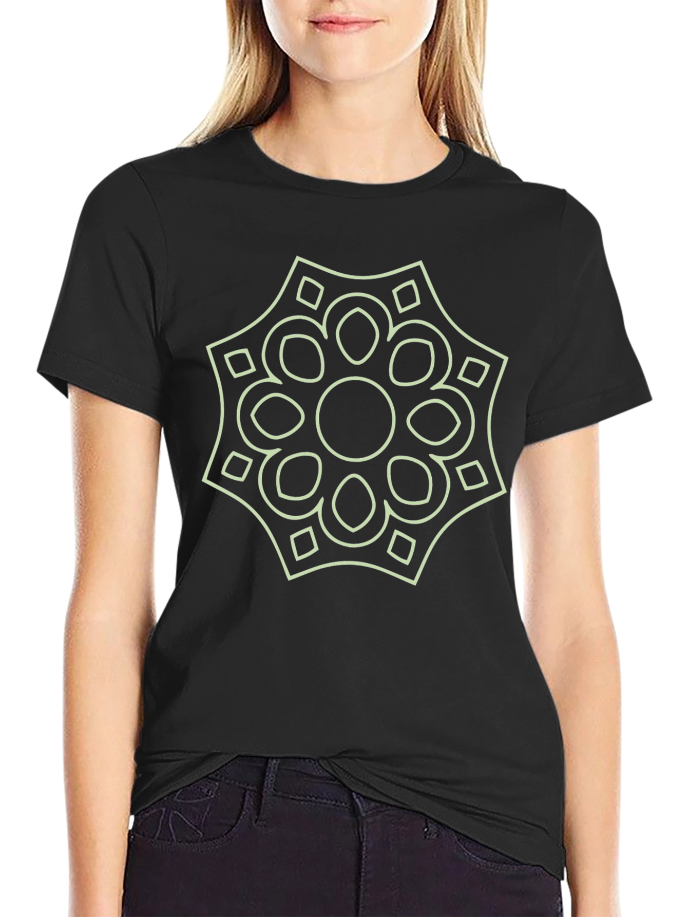 Geometric Floral Graphic Print Black T-Shirt