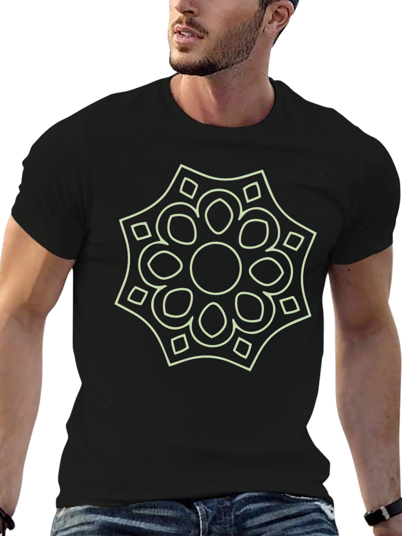 Geometric Floral Graphic Print Black T-Shirt