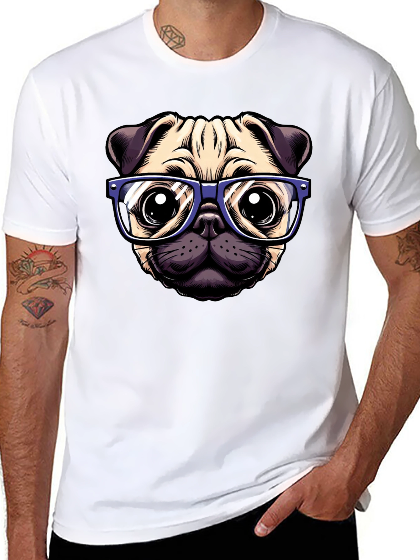 Pug with Glasses Graphic Tee - Black