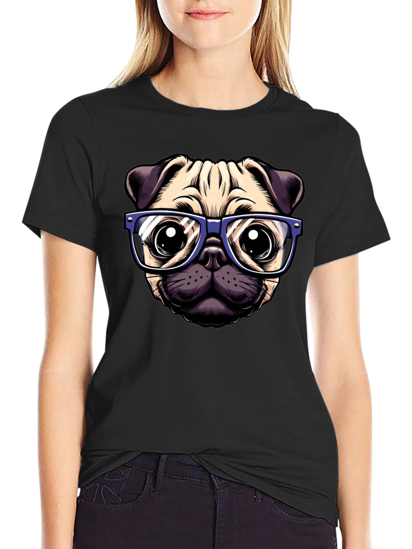 Pug with Glasses Graphic Tee - Black
