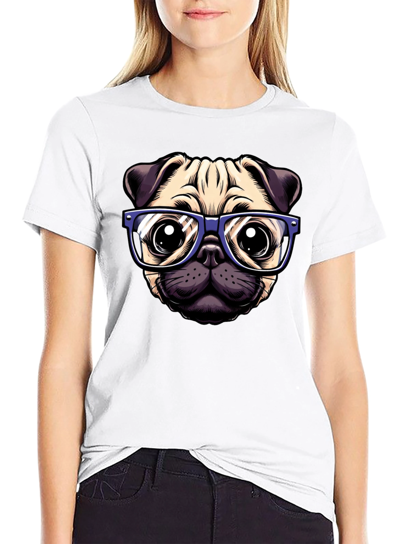 Pug with Glasses Graphic Tee - Black