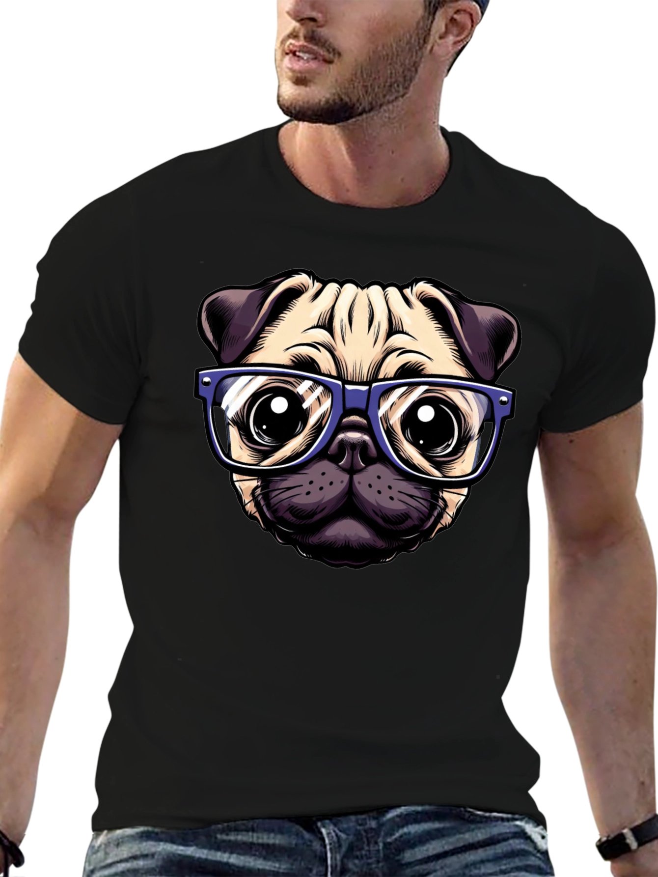 Pug with Glasses Graphic Tee - Black