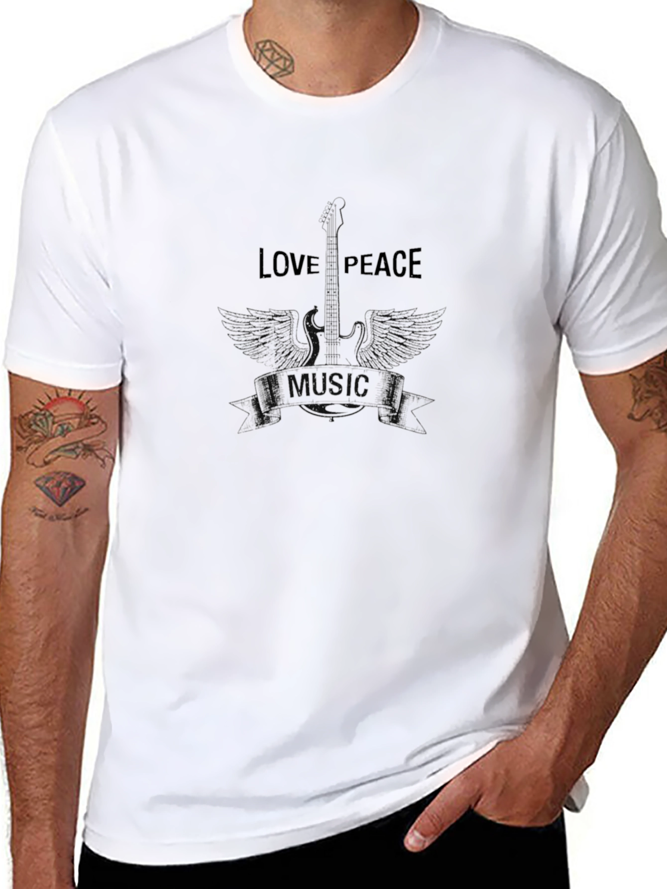 Love & Peace Guitar Graphic Black T-Shirt