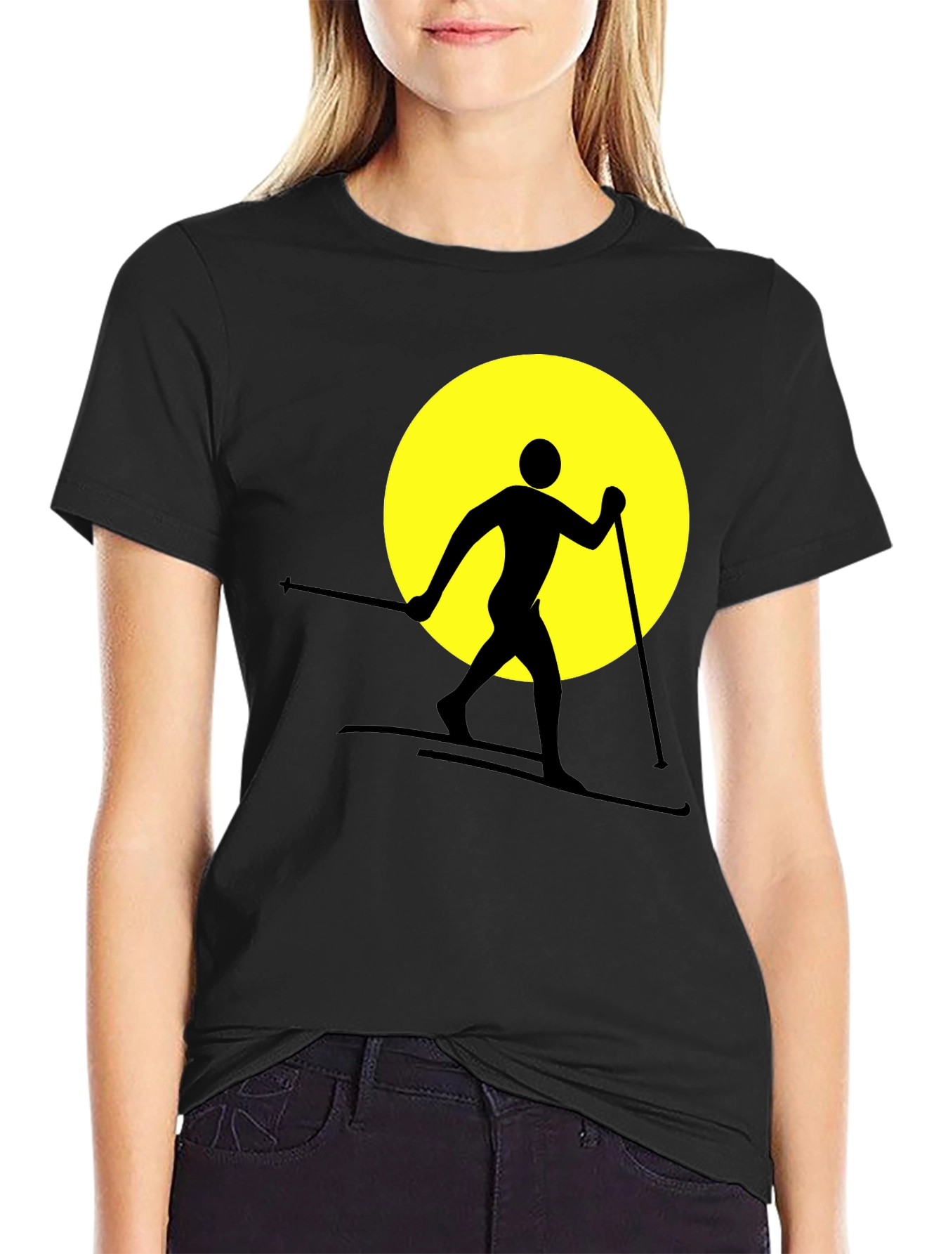 Skiing Silhouette Graphic Tee - Black Cotton Blend