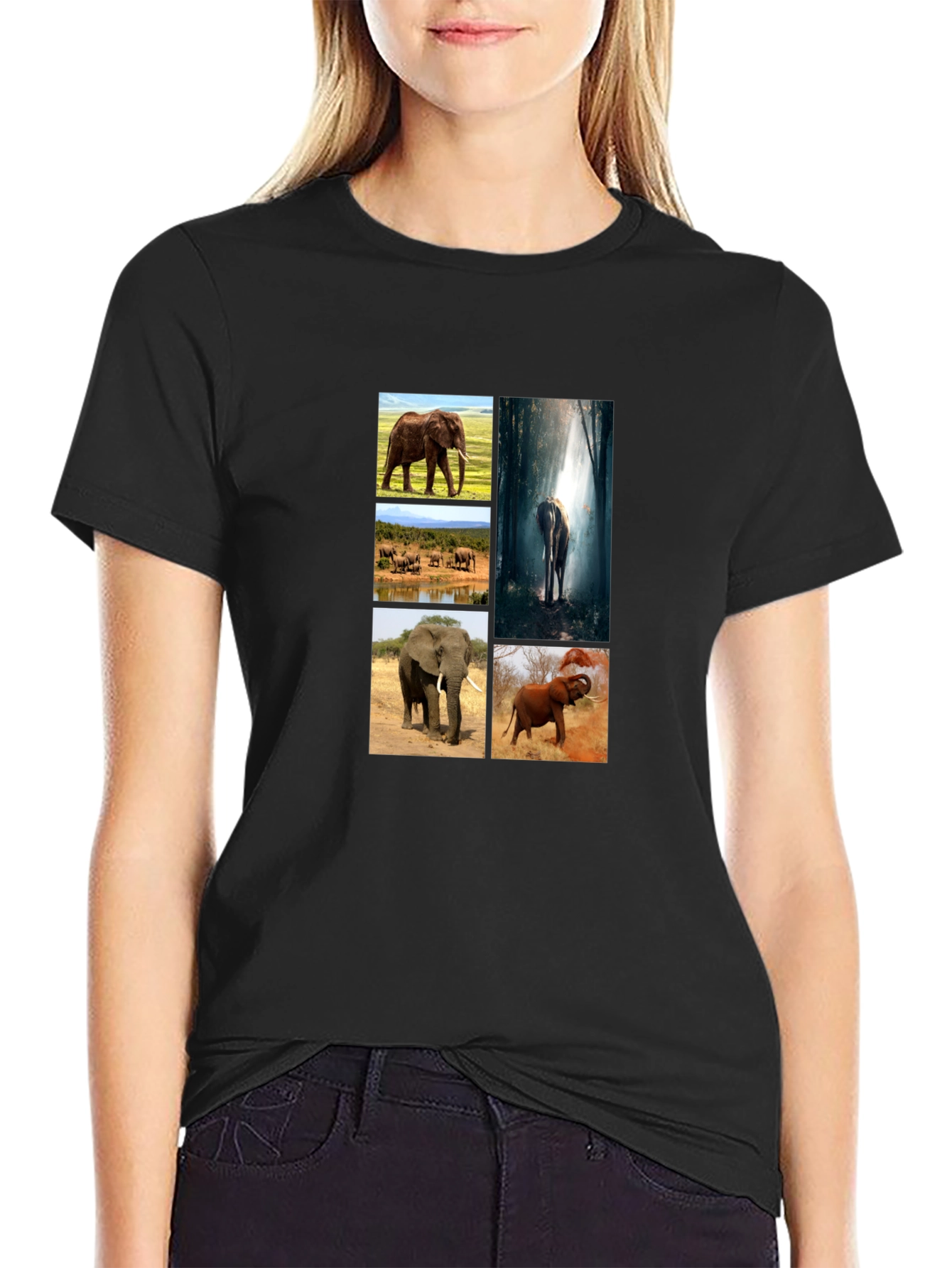 Elephant Collage Print Black T-Shirt