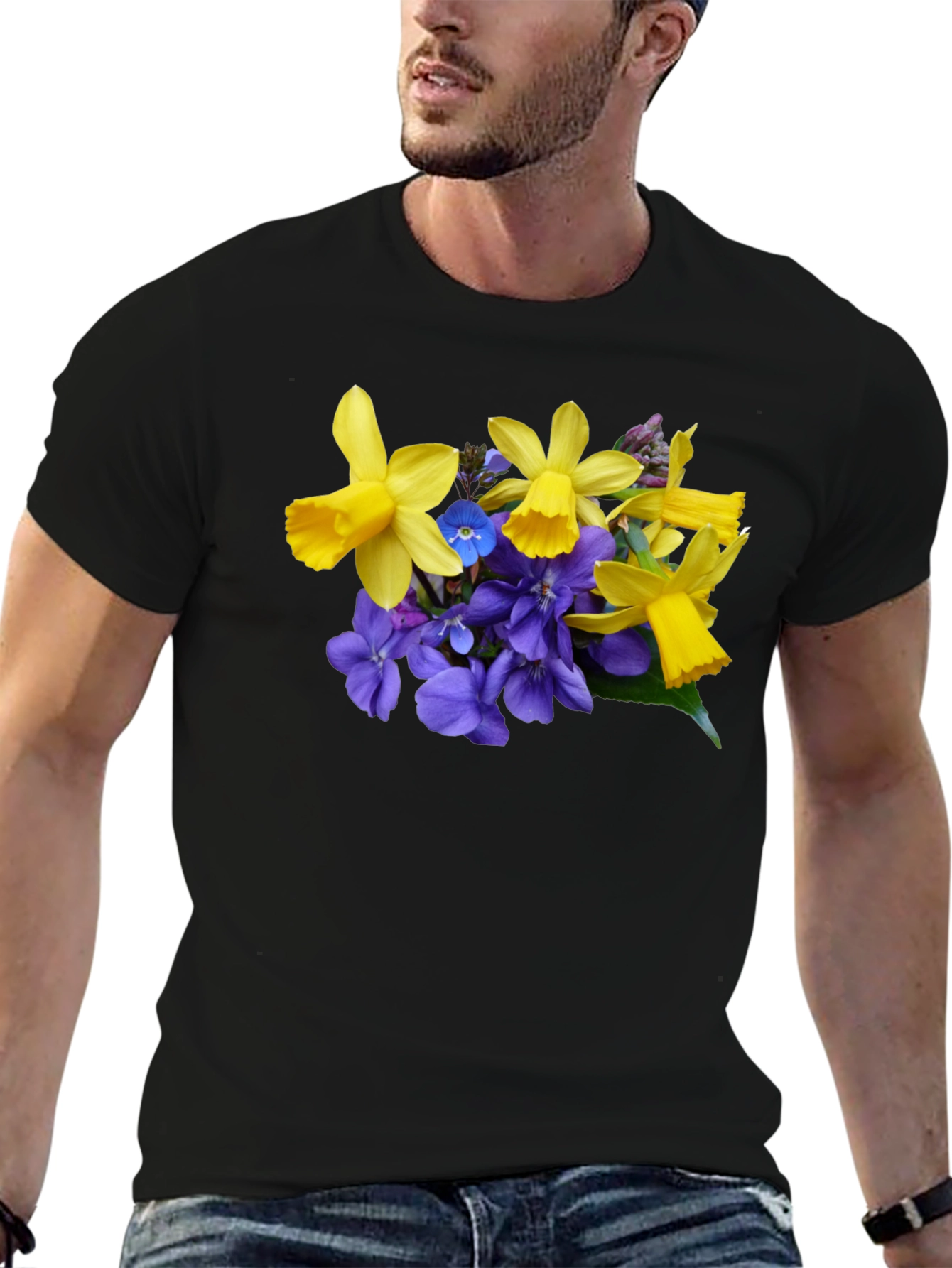 Floral Print Black T-Shirt - Daffodils and Violets