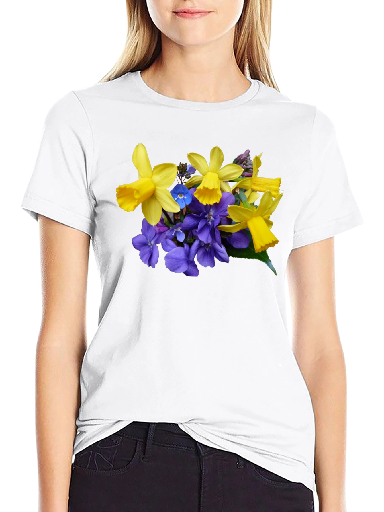 Floral Print Black T-Shirt - Daffodils and Violets