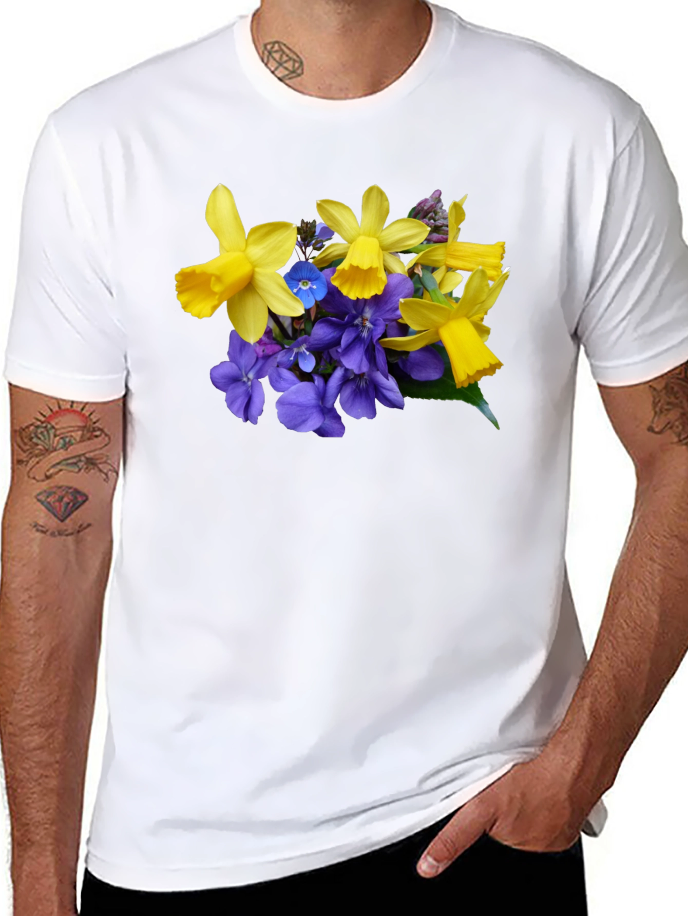 Floral Print Black T-Shirt - Daffodils and Violets