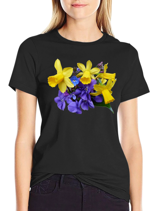 Floral Print Black T-Shirt - Daffodils and Violets