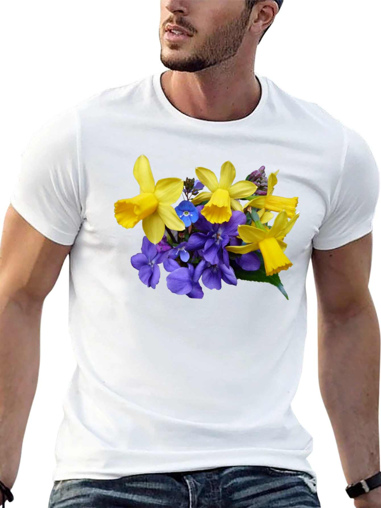 Floral Print Black T-Shirt - Daffodils and Violets