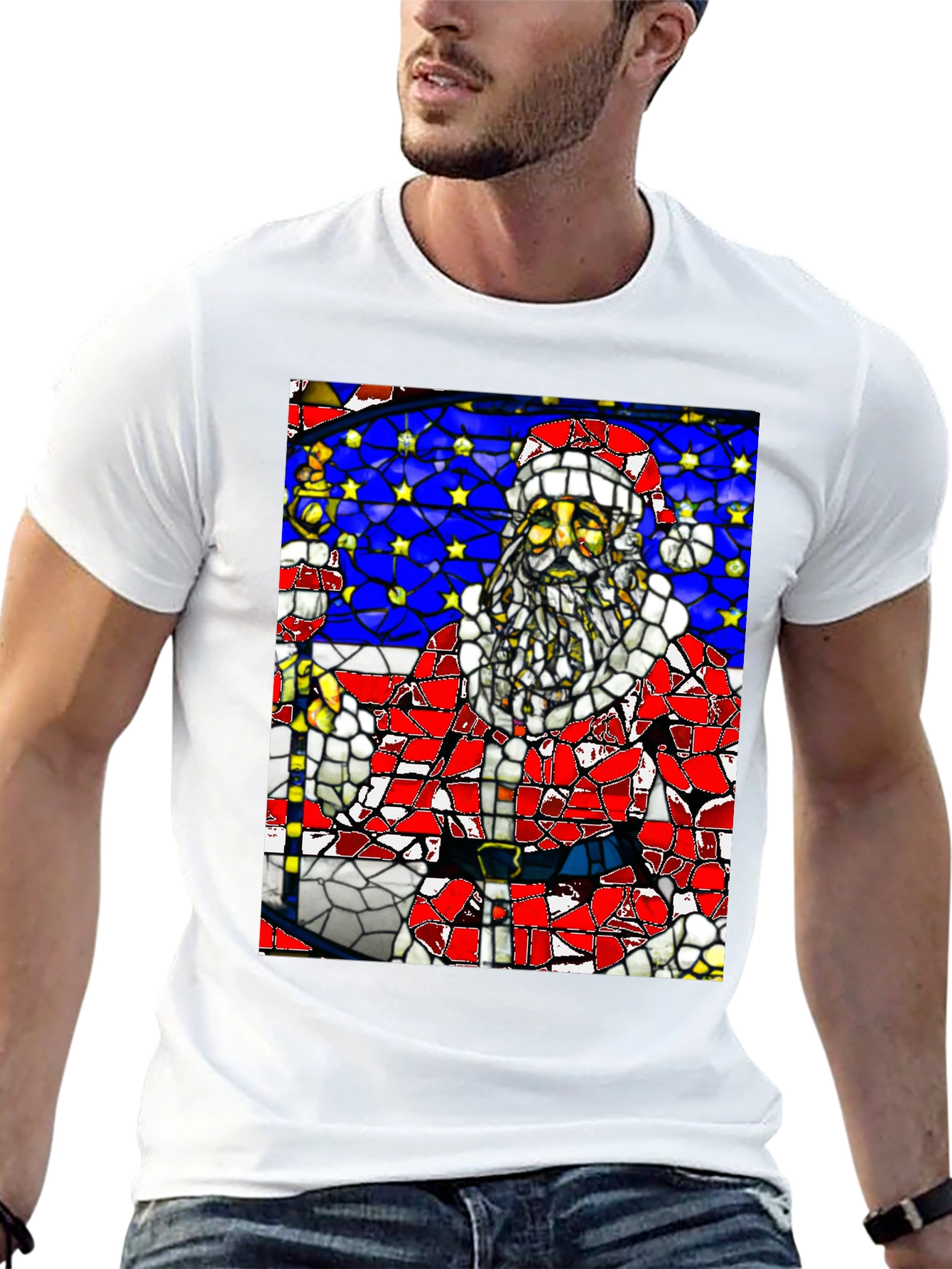 Stained Glass Santa Black T-Shirt