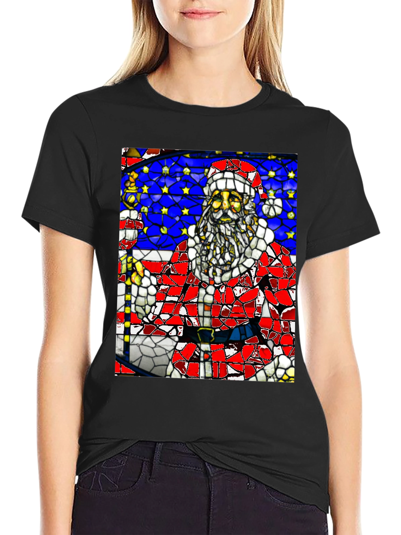 Stained Glass Santa Black T-Shirt