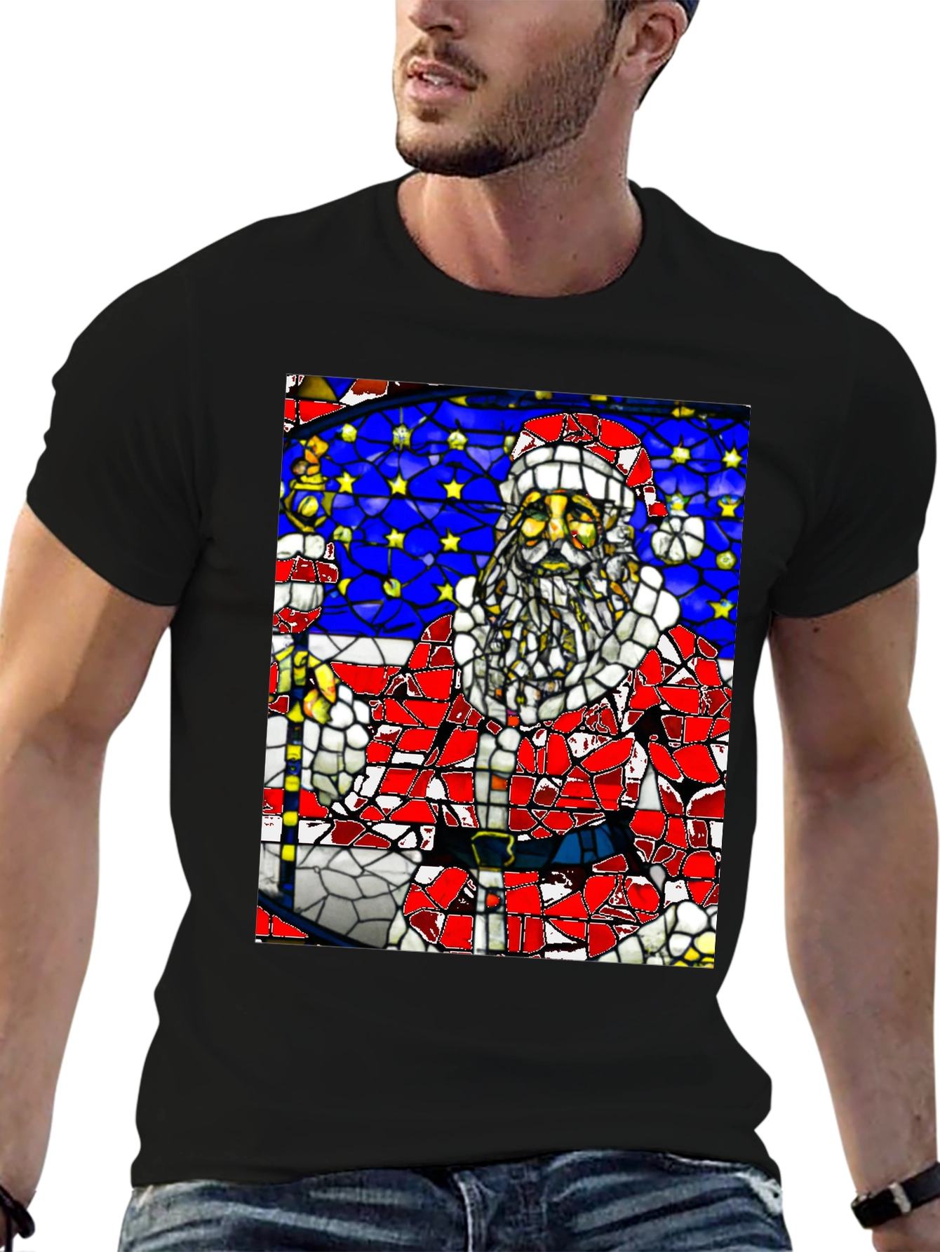 Stained Glass Santa Black T-Shirt