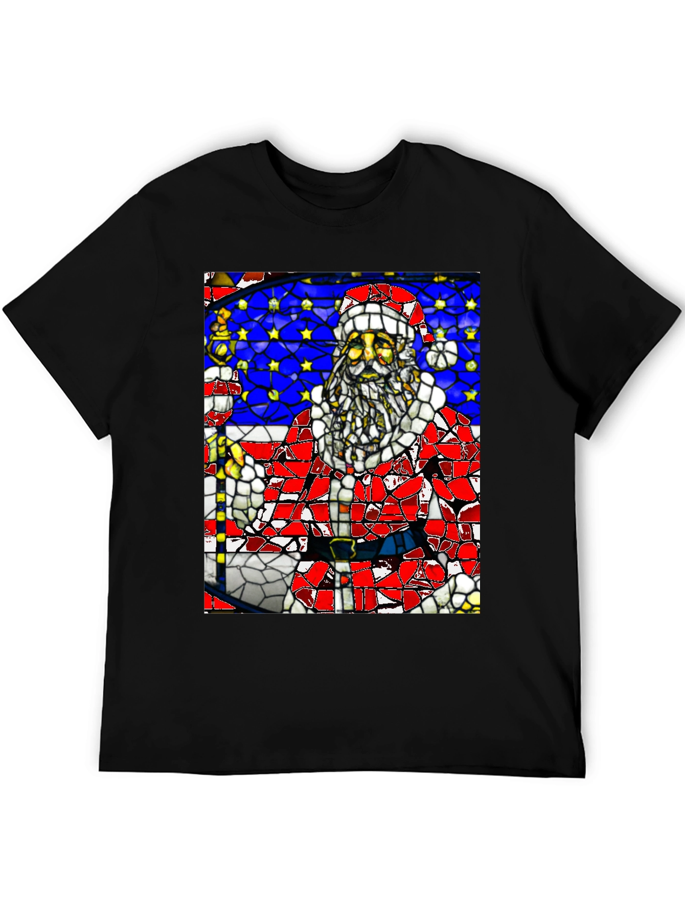 Stained Glass Santa Black T-Shirt
