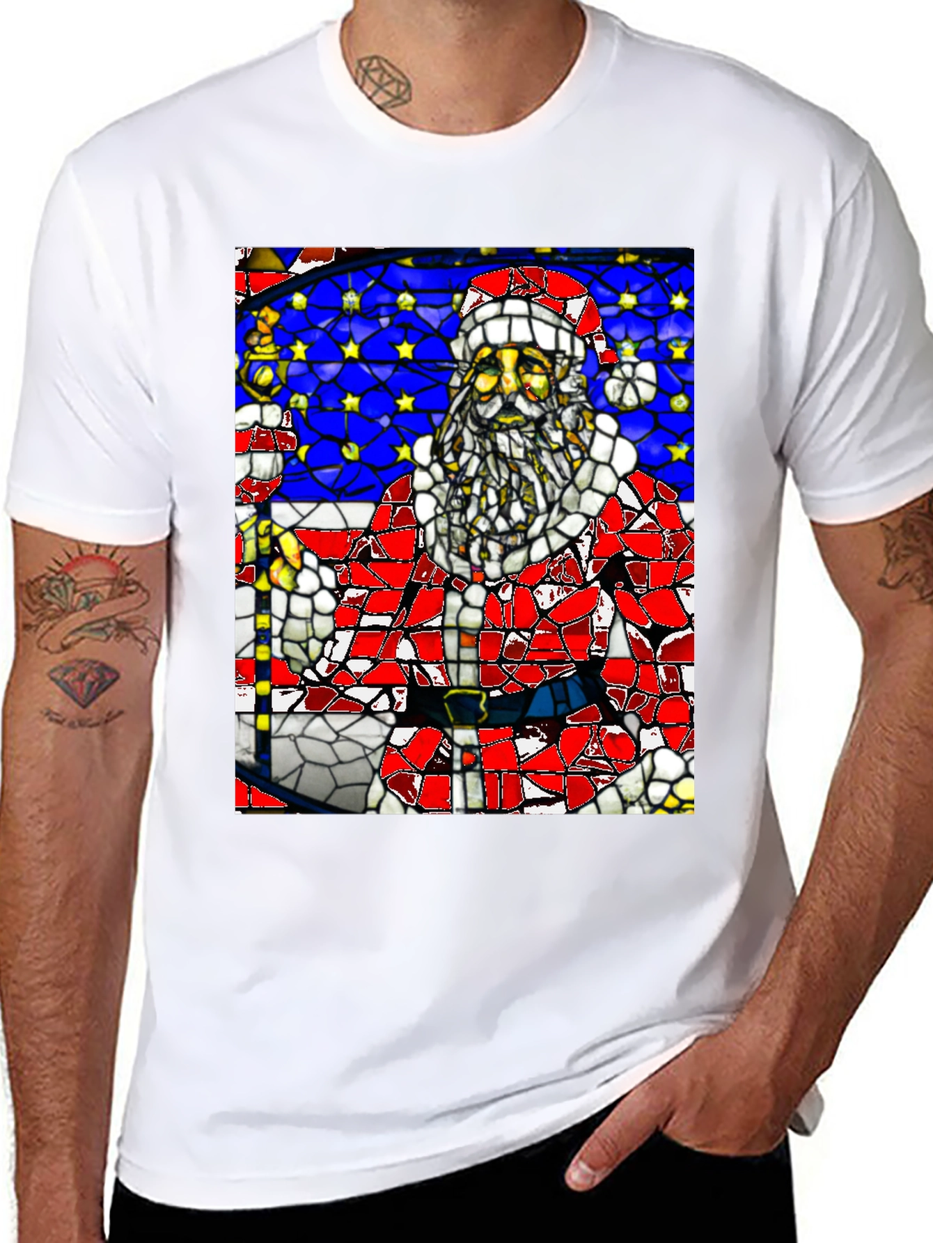 Stained Glass Santa Black T-Shirt