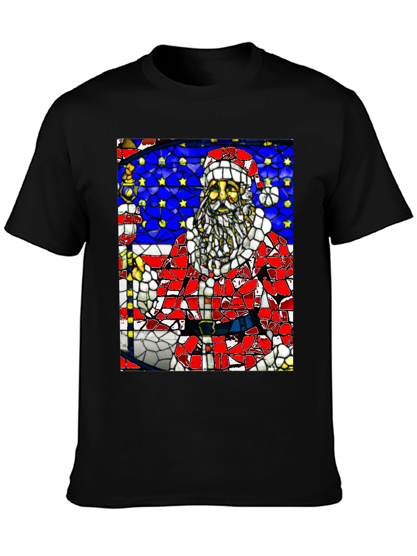 Stained Glass Santa Black T-Shirt
